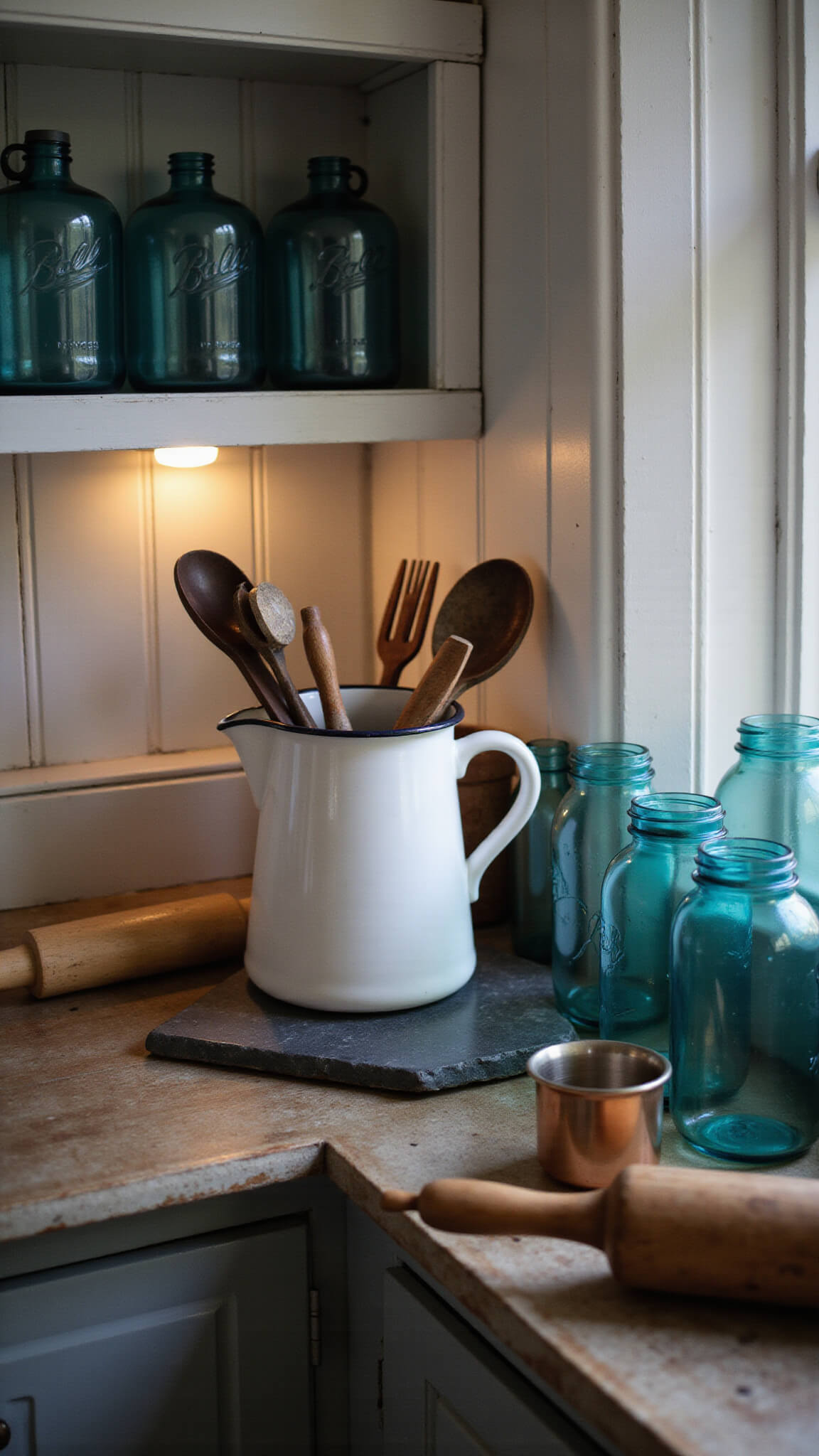 Vintage enamelware pitcher holding utensils on soapstone countertop in a moody farmhouse kitchen at twilight, with blurred blue Ball jars in the background.