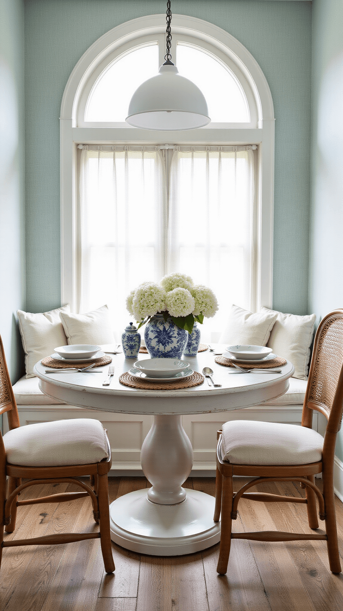 Coastal breakfast nook with arched east-facing window, white pedestal table, rattan chairs, window seat with cream cushions, and morning light streaming over hydrangeas in blue and white ginger jars.
