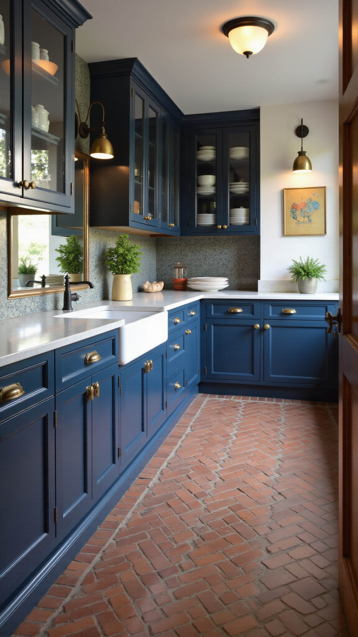 Wide-angle view of a butler's pantry with navy floor-to-ceiling cabinets, glass-front uppers displaying white dishes, herringbone brick floor, and warm pendant light reflecting on antiqued mirror backsplash.