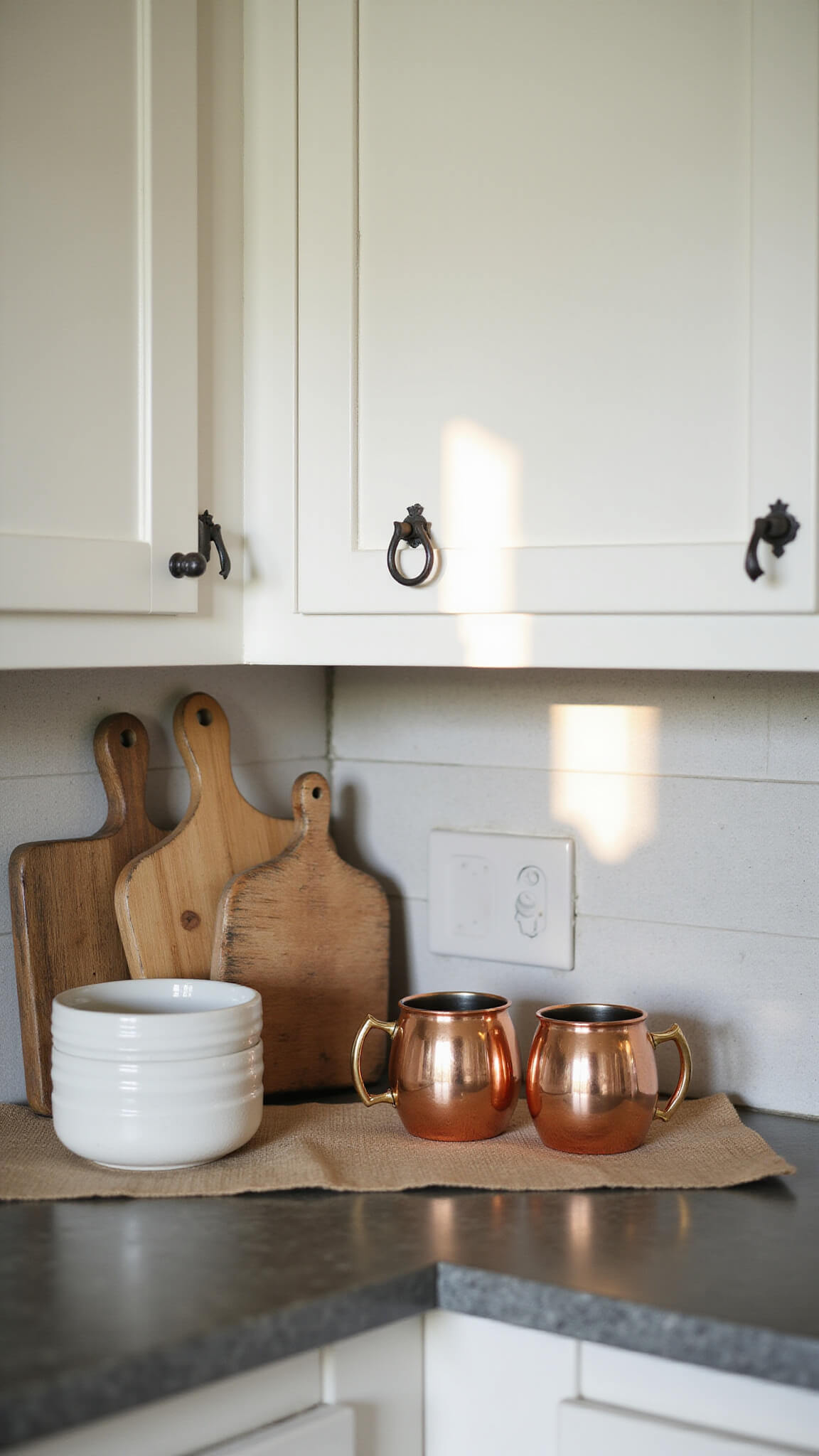 Corner cabinet vignette with white shaker cabinets, rustic iron pulls, copper mugs, and cutting boards on soapstone counter in afternoon sun.