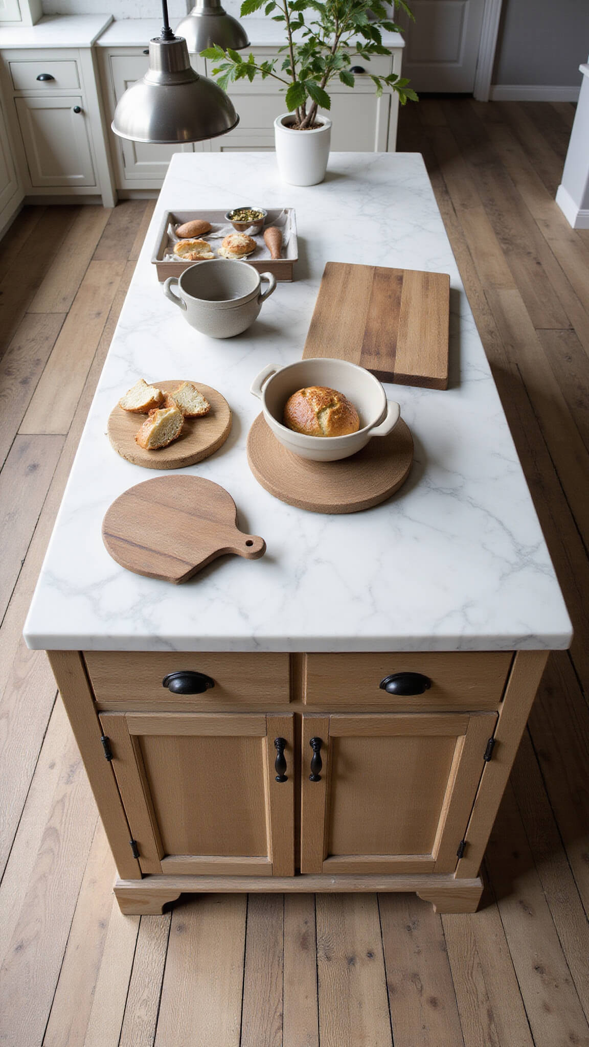 Overhead view of a 6x8ft kitchen island with weathered oak cabinets, white marble top, artisanal ceramics, and vintage bread boards, lit by industrial pendants in cool morning light.