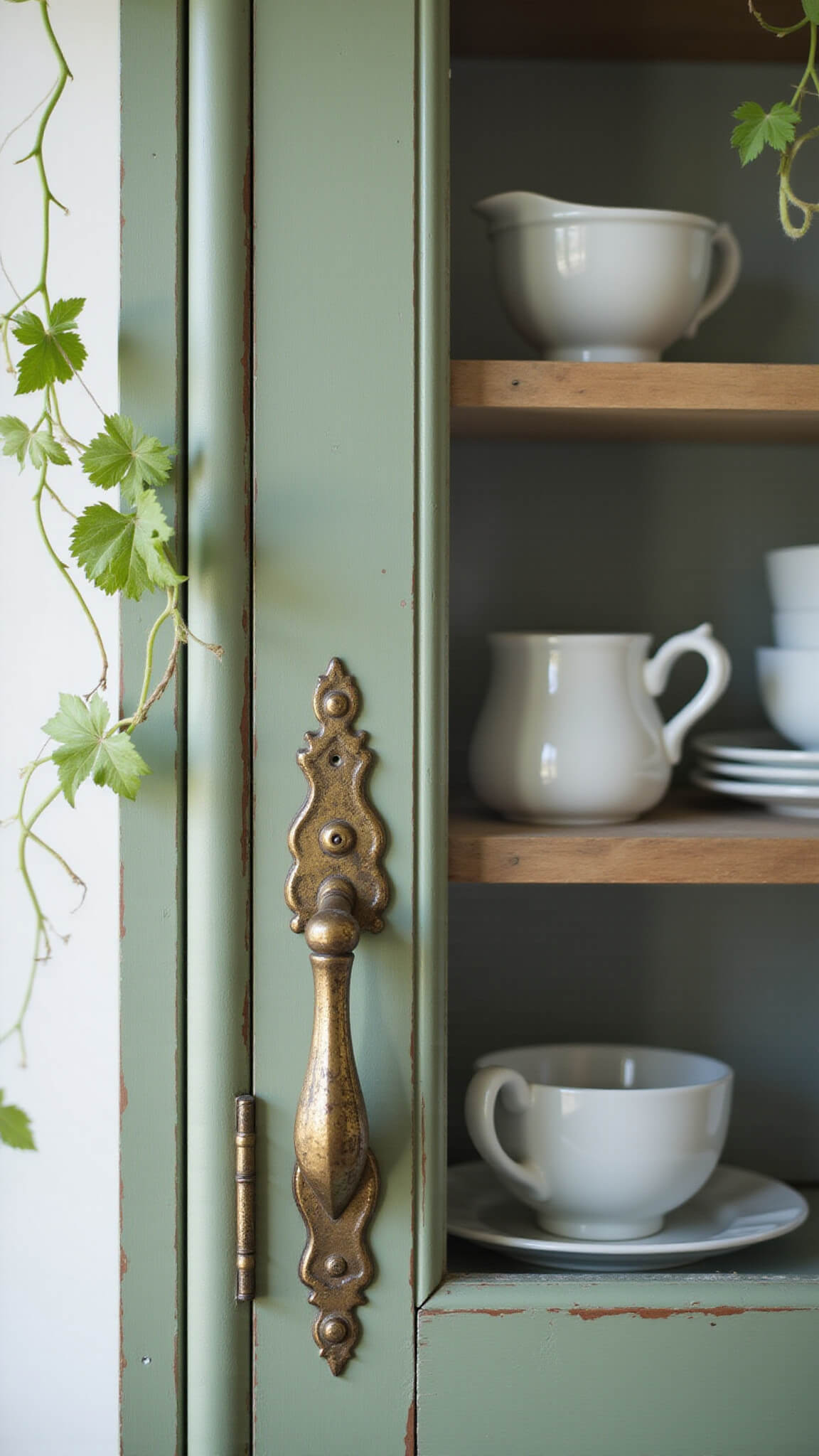 Macro of antique hutch corner with patina brass hardware, sage paint, teacups behind glass, and spider plants above.