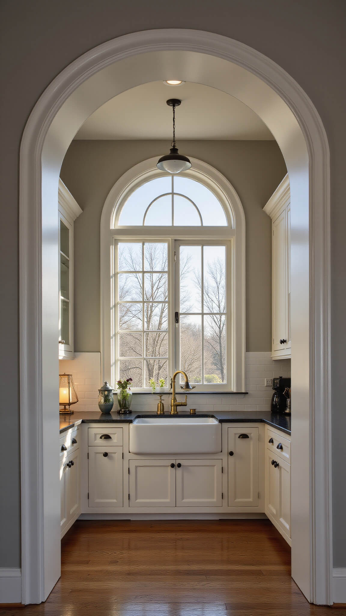 Full kitchen view from entrance at blue hour with white oak cabinets, dark soapstone counters, farmhouse sink under window, and mixed metal hardware in iron, brass, and pewter.
