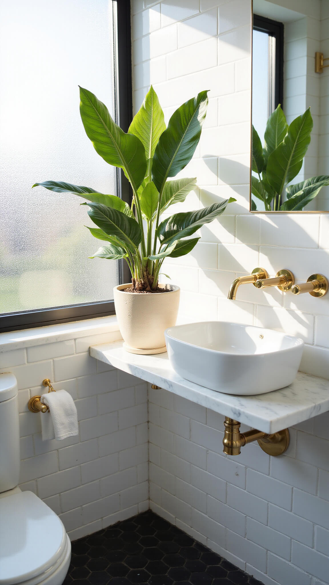 Modern 8x10ft bathroom with subway tiles, brass fixtures, and a Peace Lily on a floating marble shelf, lit by morning sunlight through a frosted window.
