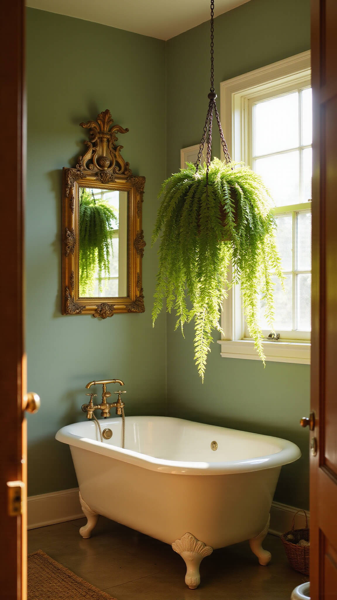 Vintage-style bathroom with clawfoot tub, hanging Boston Fern, sage green walls, and golden hour light streaming through, creating an ethereal glow.