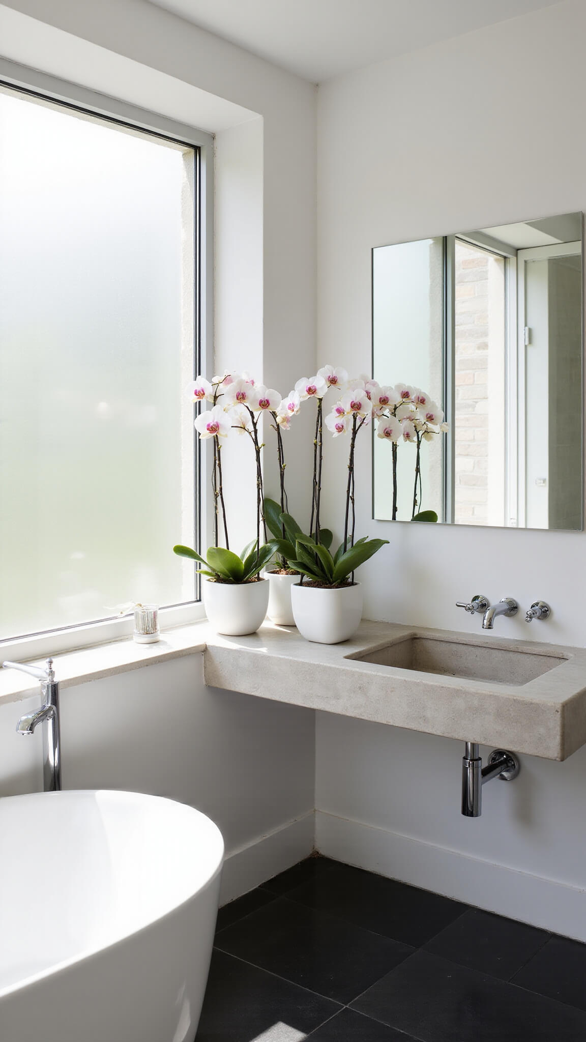 Overhead view of a minimalist 10x12ft bathroom with charcoal tiles, white walls, chrome fixtures, and three orchids on a floating concrete shelf.