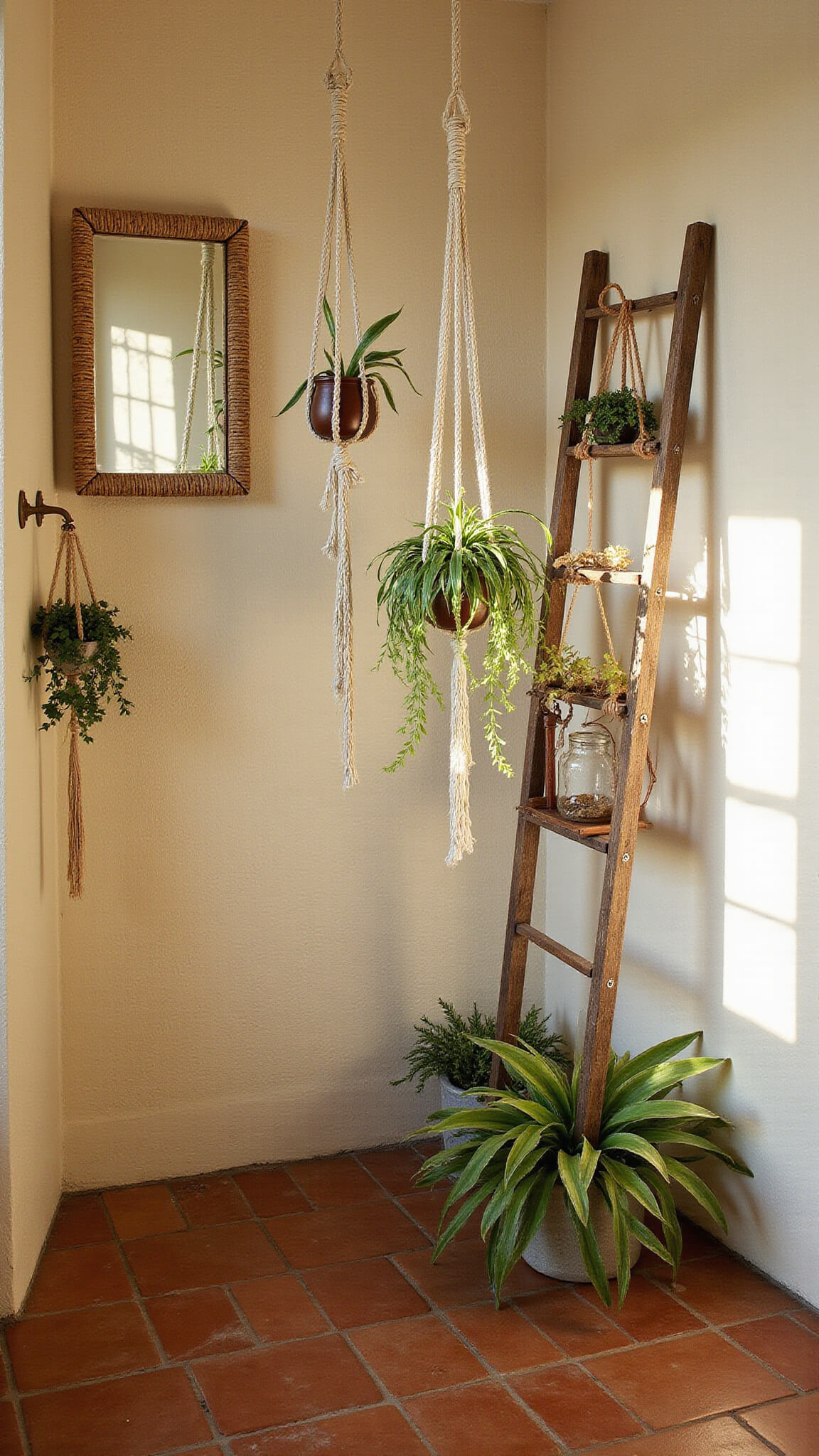 Bohemian bathroom corner with spider plants in macramé hangers, terracotta tiles, cream textured walls, rattan mirror, and wooden ladder shelf, lit by soft late afternoon light.