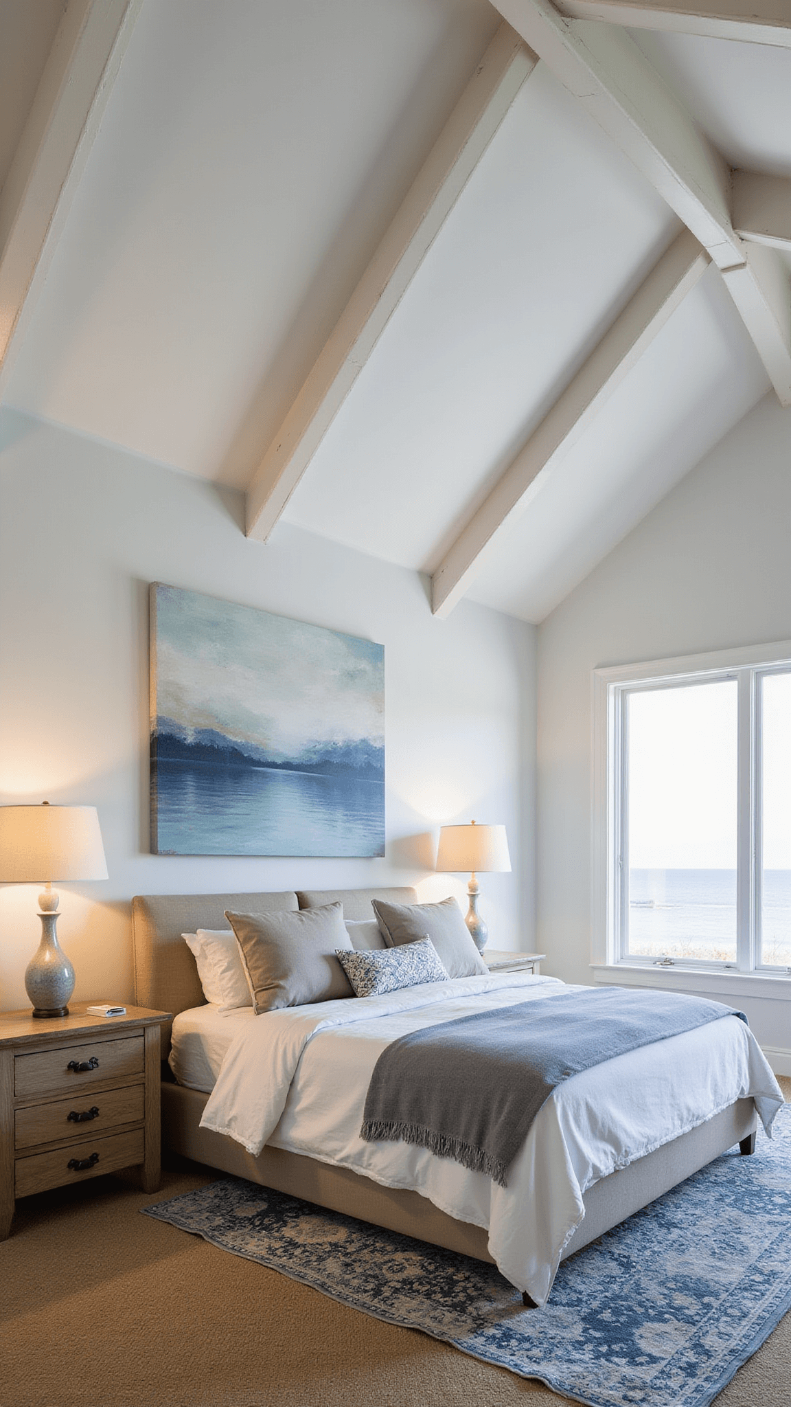Master bedroom at dusk with vaulted 15ft white-beamed ceilings, king bed in layered neutral linens, abstract seascape above headboard, vintage rug on sisal carpet, and wall of windows overlooking water.