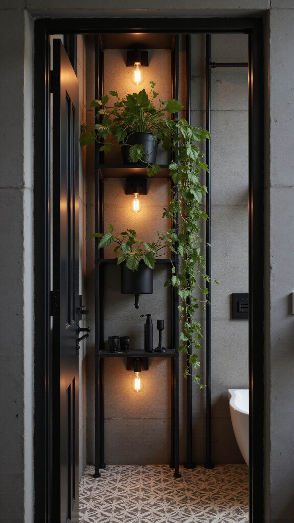 Industrial-modern bathroom with concrete walls, matte black fixtures, trailing Philodendron Brasil on black metal shelves, geometric cement floor tiles, and warm Edison bulb lighting at dusk.