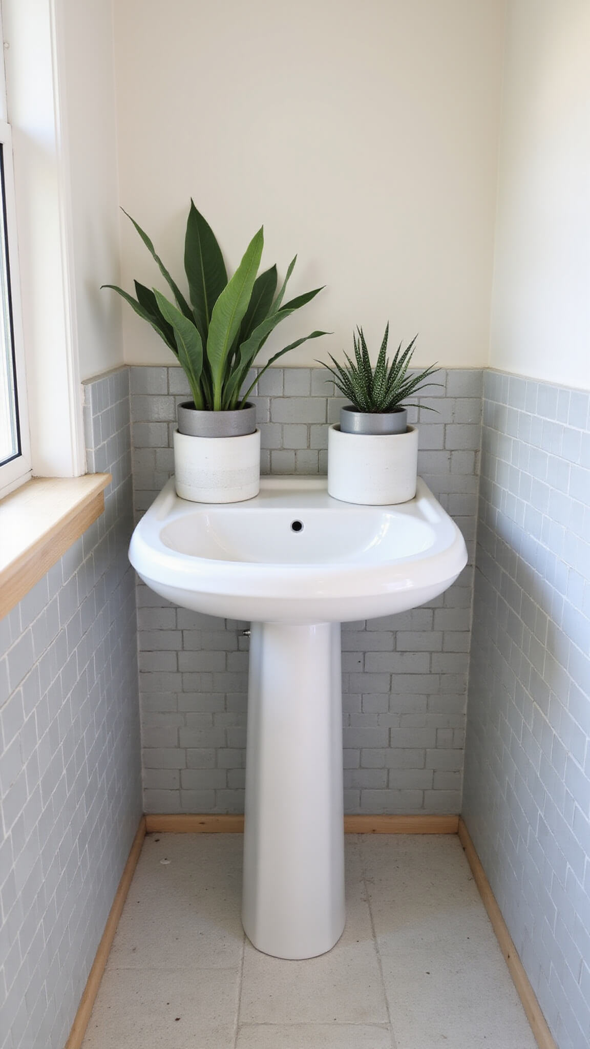 Scandinavian bathroom nook with white pedestal sink, Peace Lily and Spider Plant in minimalist planters, pale oak accents, and light gray penny tile backdrop in soft morning light.