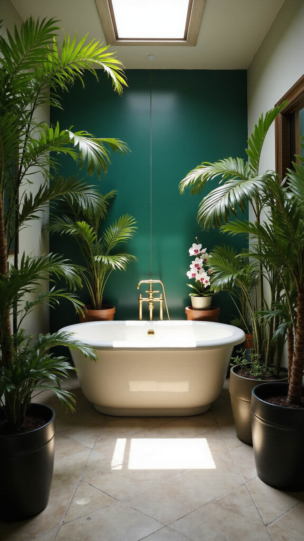 Ultra-wide view of a tropical luxury bathroom with emerald green accent wall, gold fixtures, ferns, orchids, freestanding soaking tub, marble herringbone floor, and overhead natural light casting palm shadows.