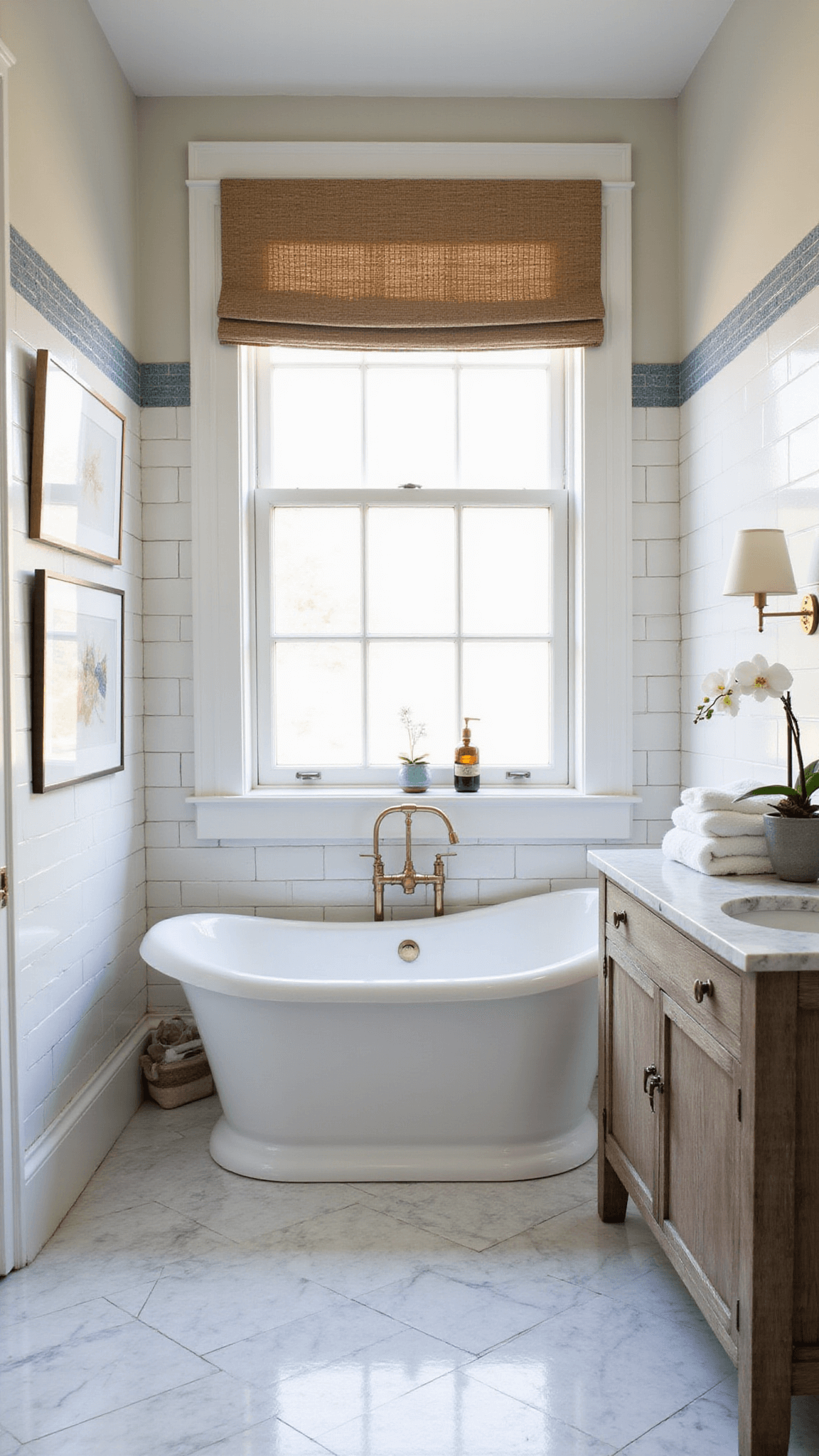 Luxury coastal bathroom with herringbone marble floor, freestanding oval tub under window, weathered oak vanity, and spa-like decor in soft morning light.