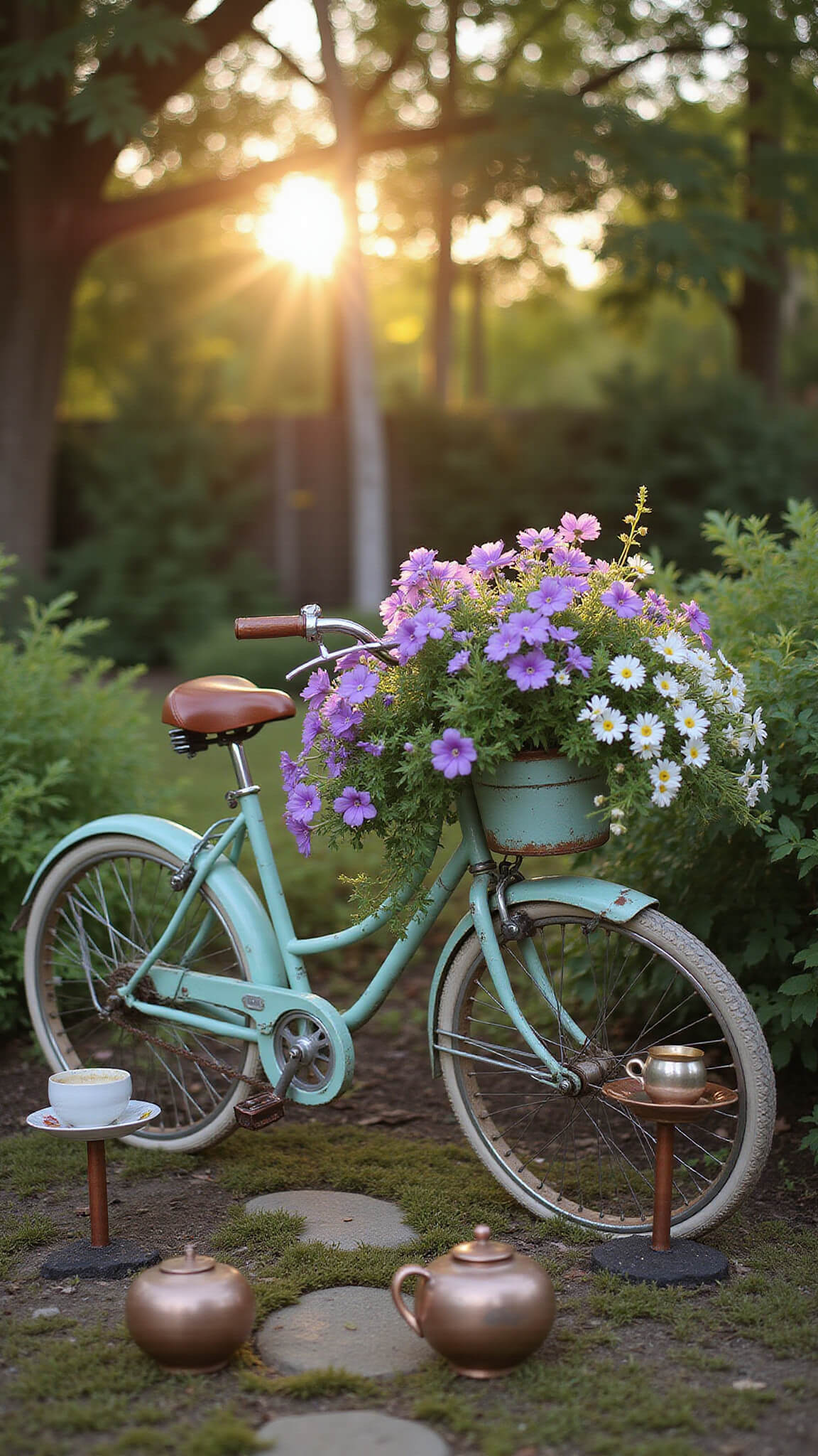 Vintage mint-green bicycle planter with purple petunias and white alyssum, surrounded by teacup succulent stakes in a sunlit garden nook at golden hour.
