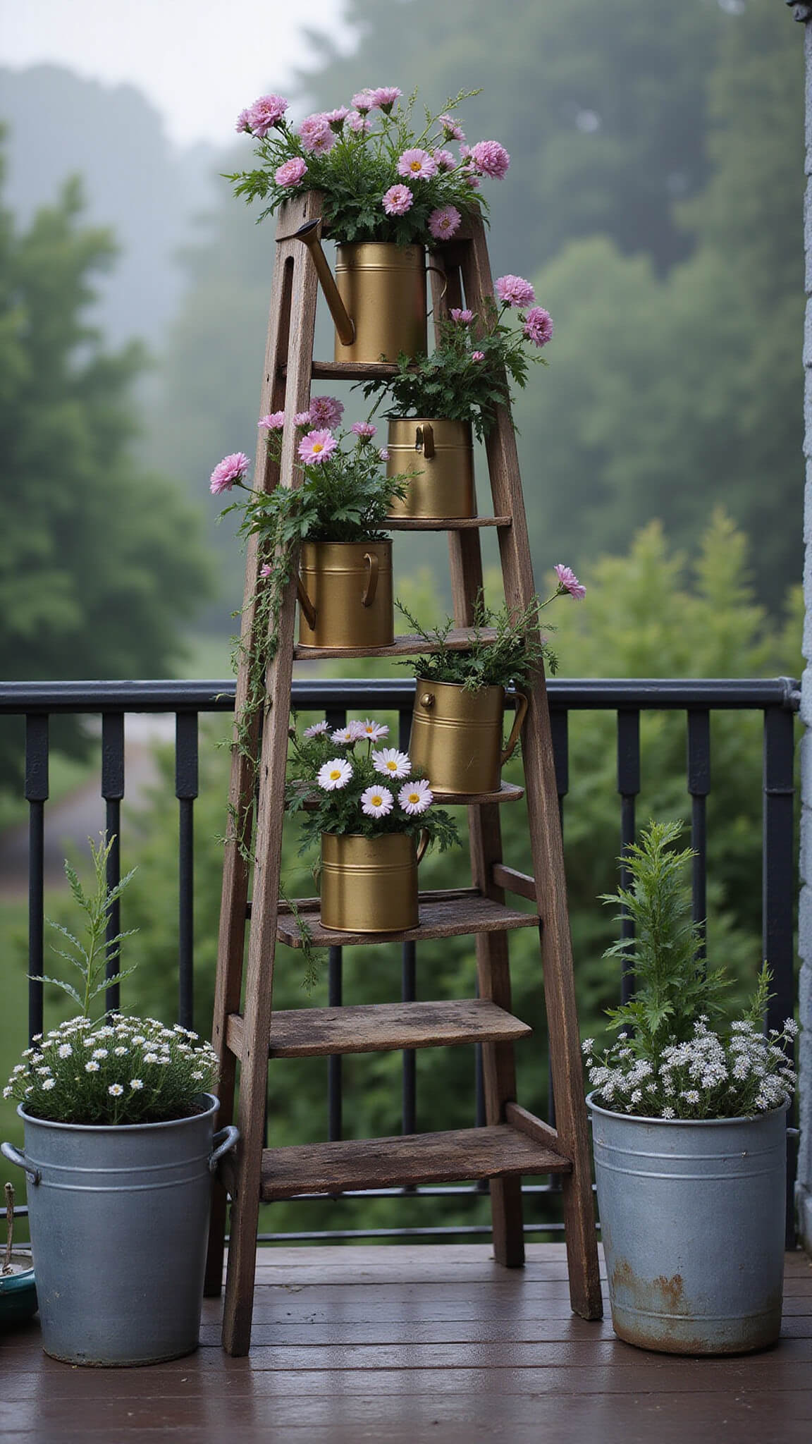 Restored wooden ladder on misty dawn balcony, adorned with antique brass watering cans of ivy and pink million bells, surrounded by fairy lights and zinc planters with white cosmos and silver artemisia.