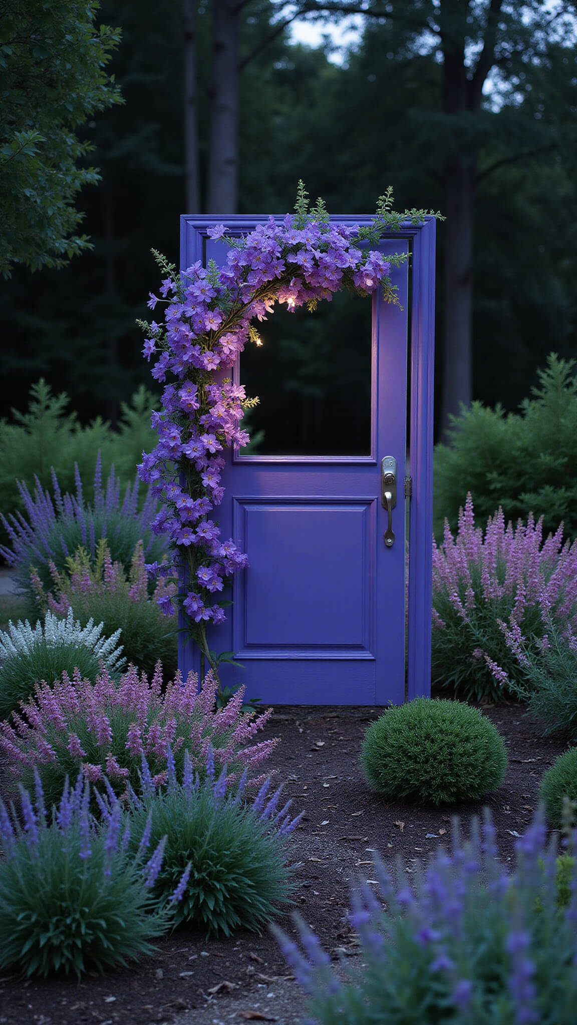 Garden at summer twilight with a freestanding purple door frame draped in moonflowers and solar lights, framed by delphiniums, gaura, and silver dichondra.