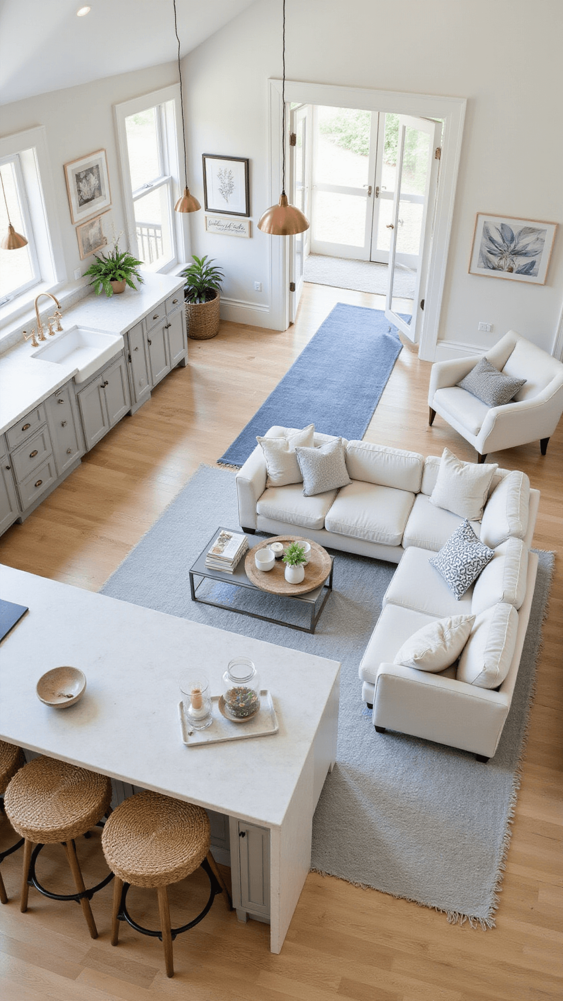 Overhead view of open-concept kitchen and living area with white shaker cabinets, driftwood grey island, white sectional, pale blue runner, and copper pendant lights.