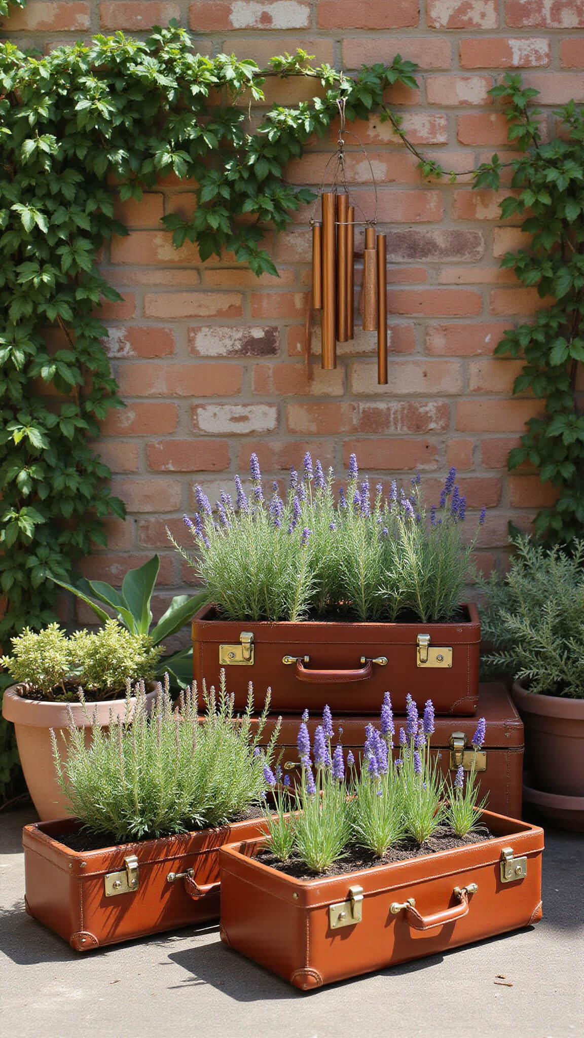 Vintage leather suitcases repurposed as herb planters on a sunlit patio corner with thyme, lavender, and sage, set against a distressed brick wall with climbing jasmine and copper wind chimes hanging above.