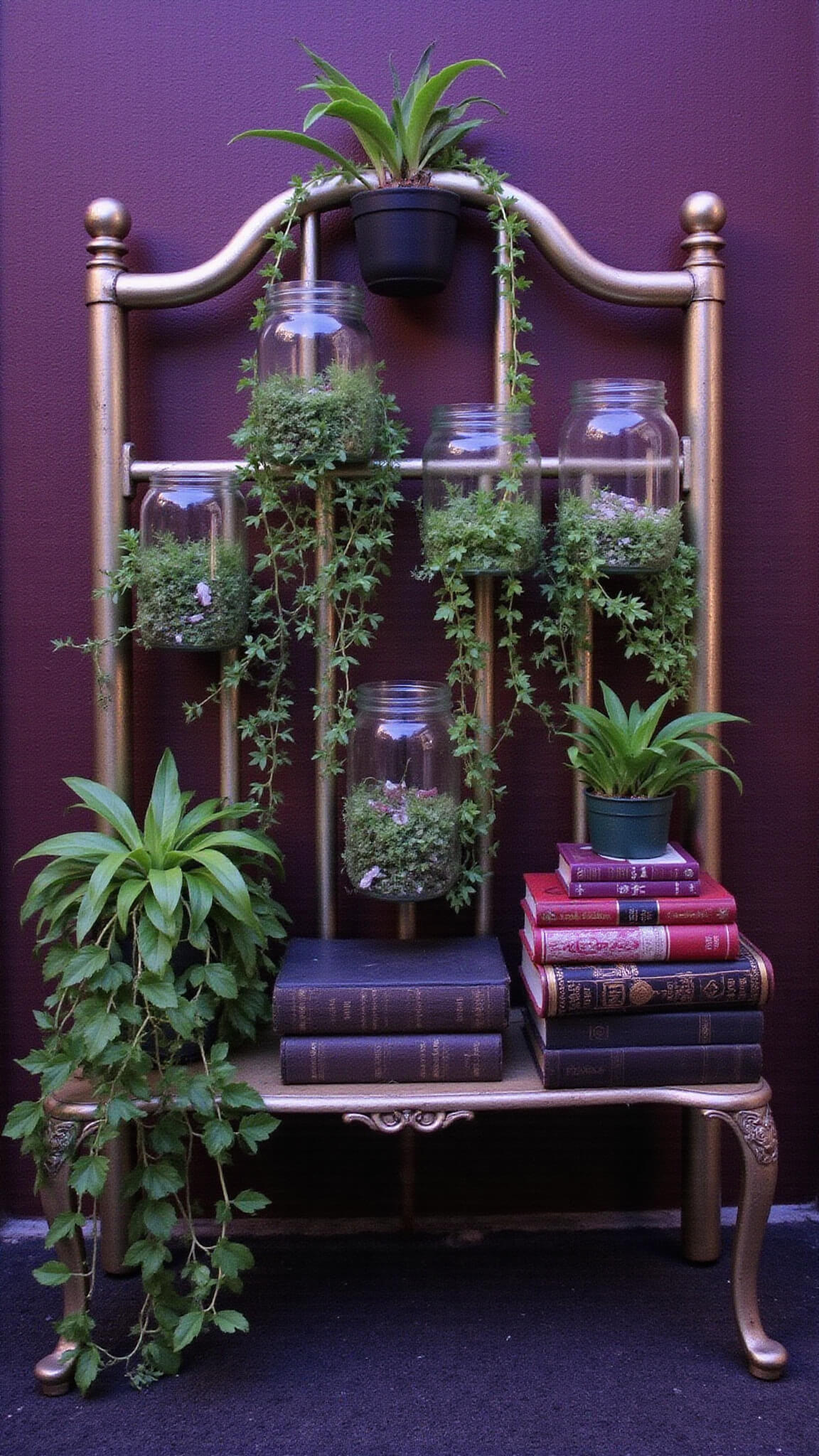 Vertical garden vignette at dusk with antique brass bed headboard as plant wall, mason jars of cascading greenery, vintage books as risers, and jewel-toned lighting in a 6x8ft space.