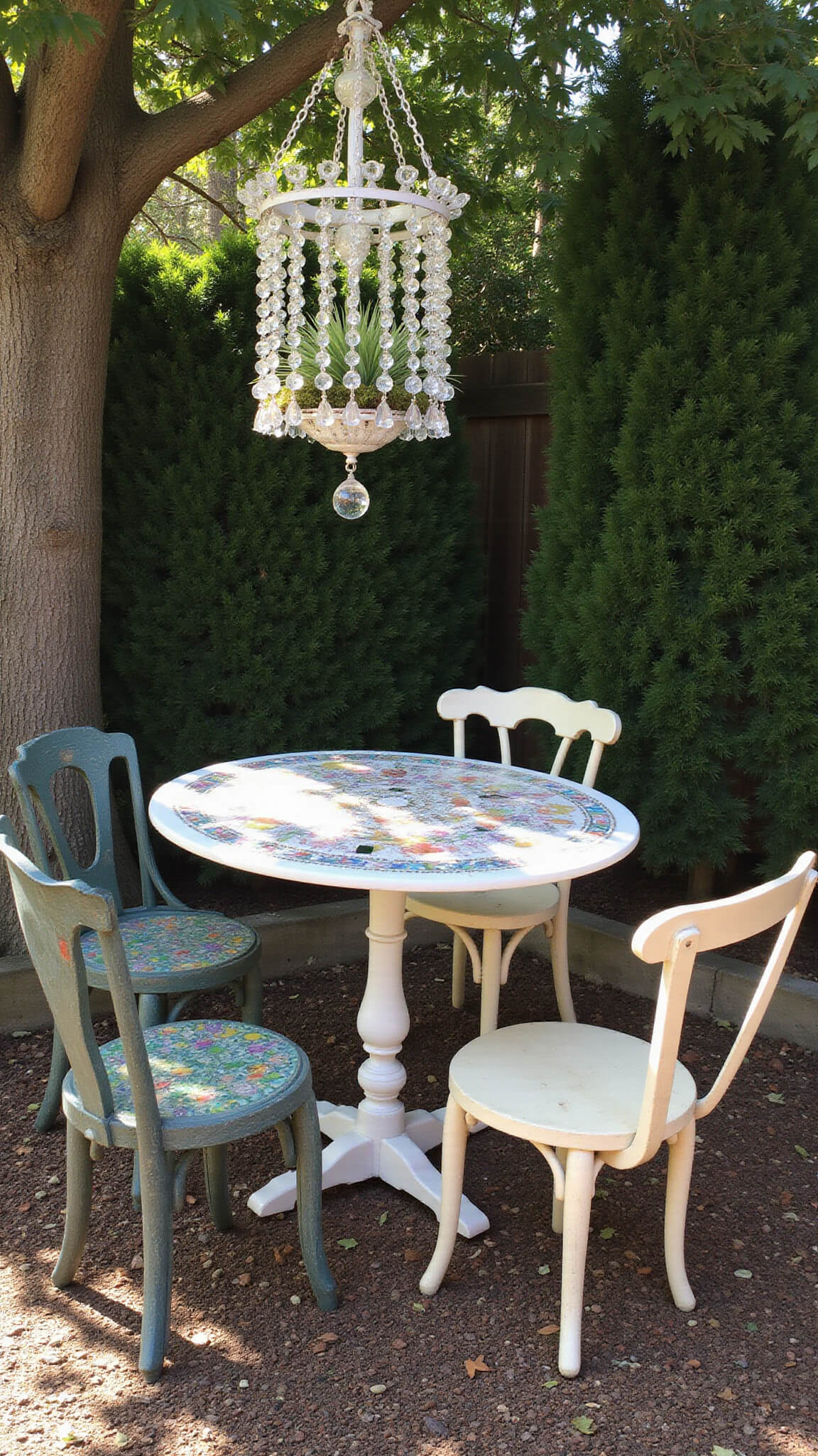 Secret garden corner lit by early afternoon sun, featuring a crystal chandelier with air plants hanging from a tree over a mosaic table and mismatched vintage chairs; crystal prisms cast rainbow shadows.