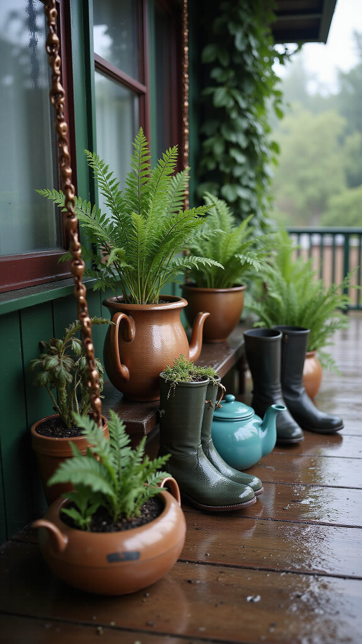 Vintage teapots and ceramic boot planters with lush ferns on a rainy covered porch, copper rain chains flowing, moody greens and copper tones in diffused morning light.
