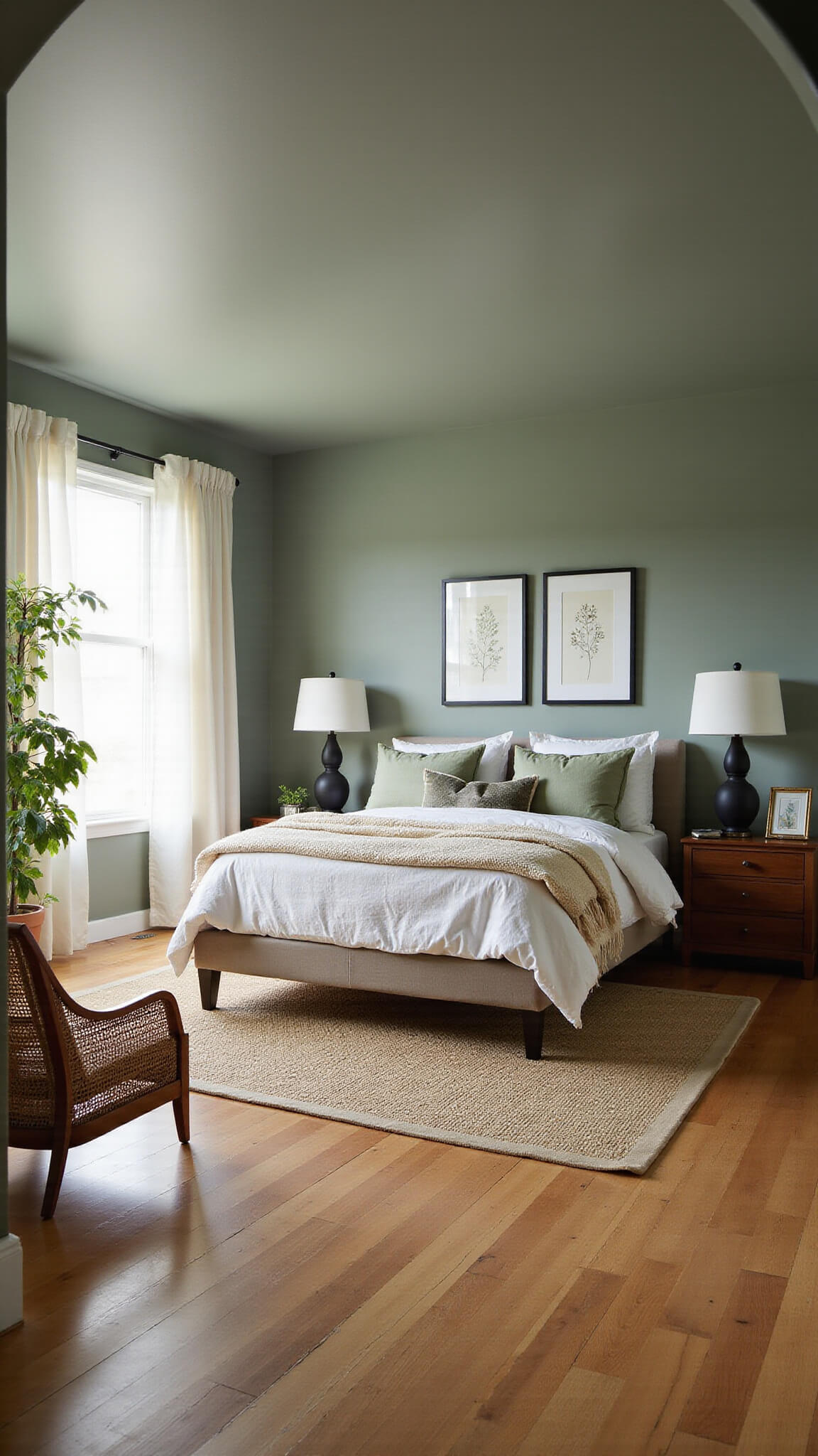 Cozy sage green bedroom with king bed, white linens, and golden hour light through sheer curtains, viewed from doorway at an angle.