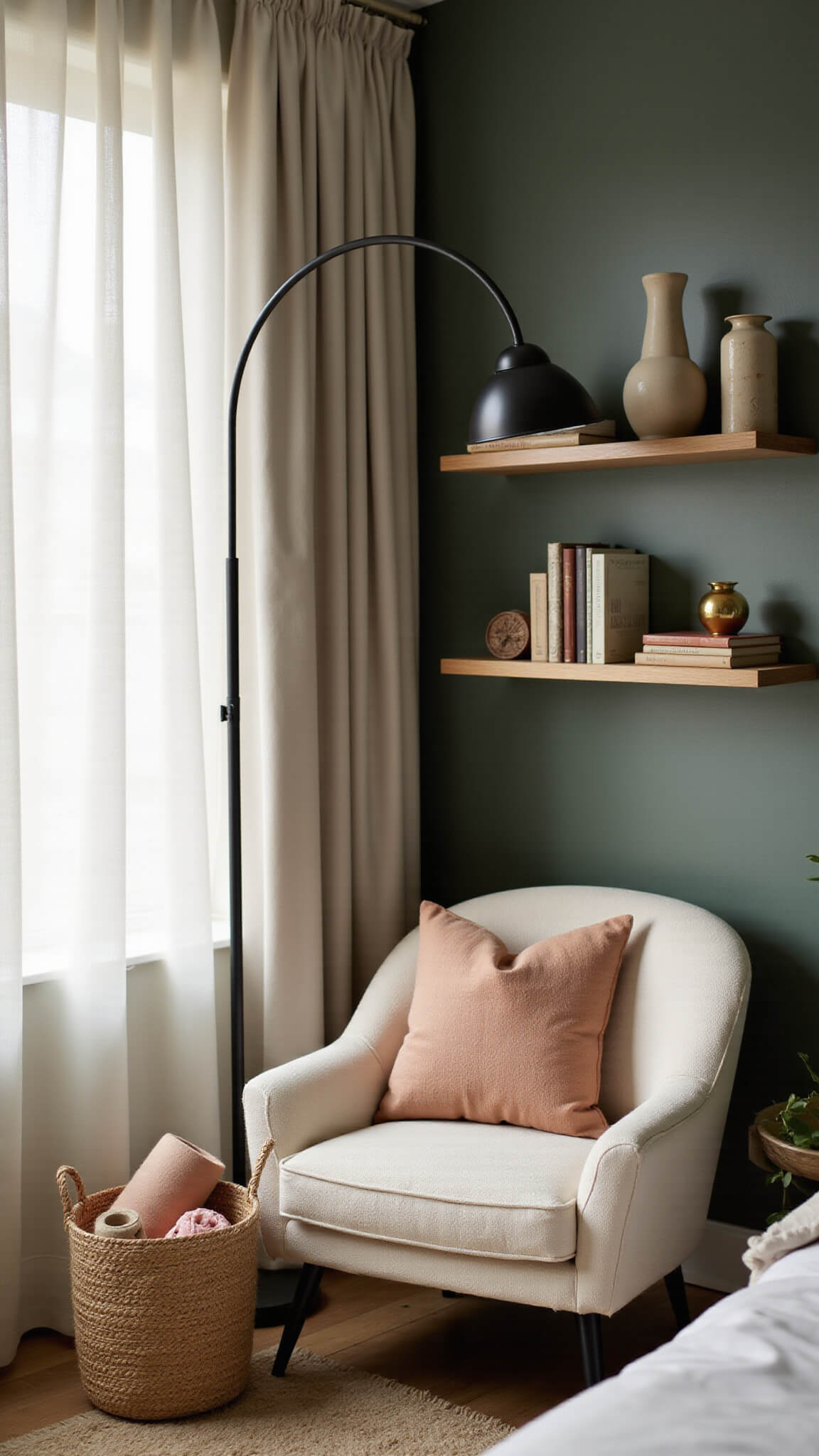 Sage green bedroom corner at dawn with cream bouclé chair, arched black floor lamp, jute basket of peach throws, and floating shelf of ceramics and books.