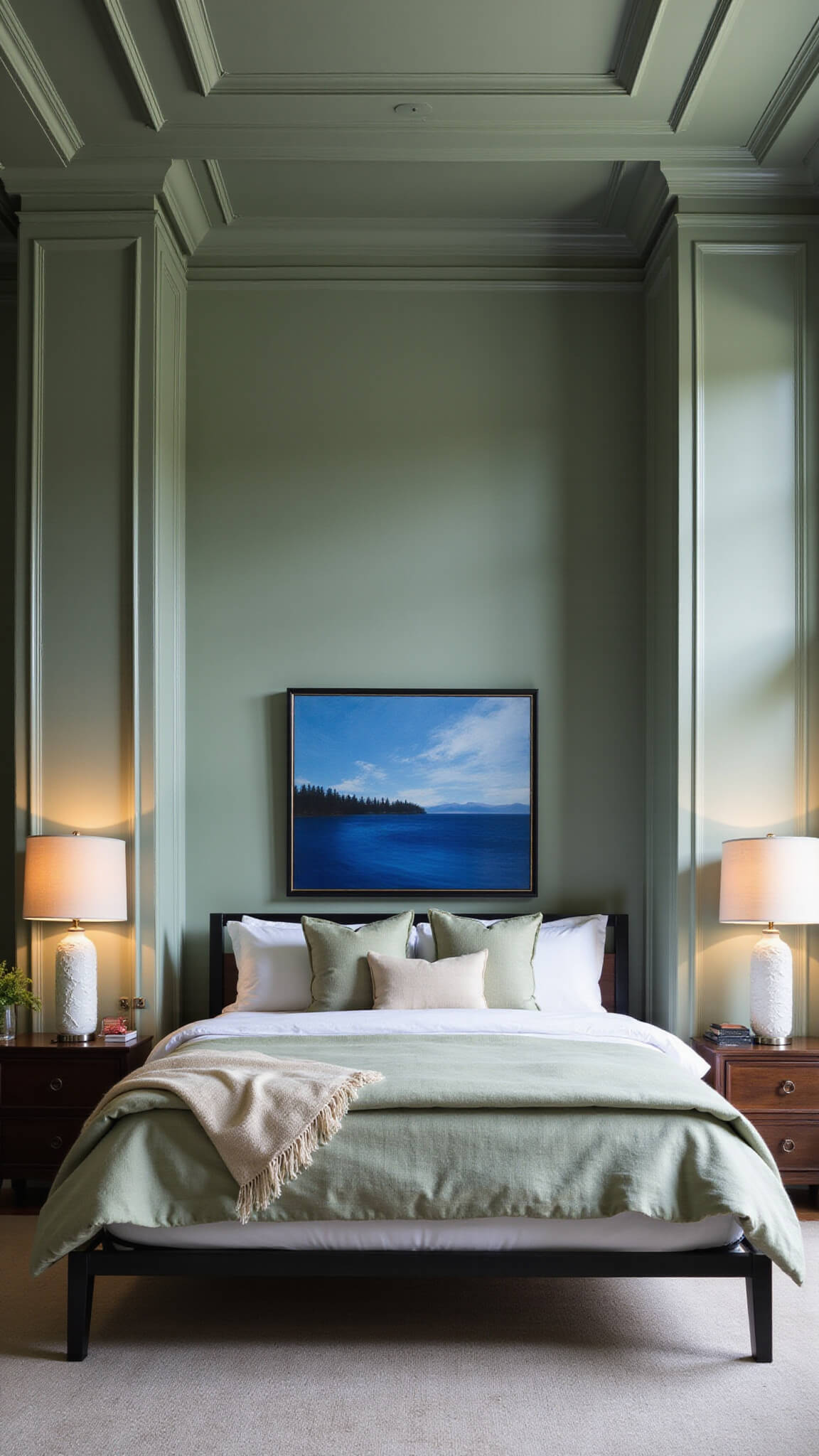 Modern sage green bedroom with 10ft ceilings, crown molding, black metal king bed, layered neutral bedding, cobalt blue abstract art, and mixed warm and cool lighting.