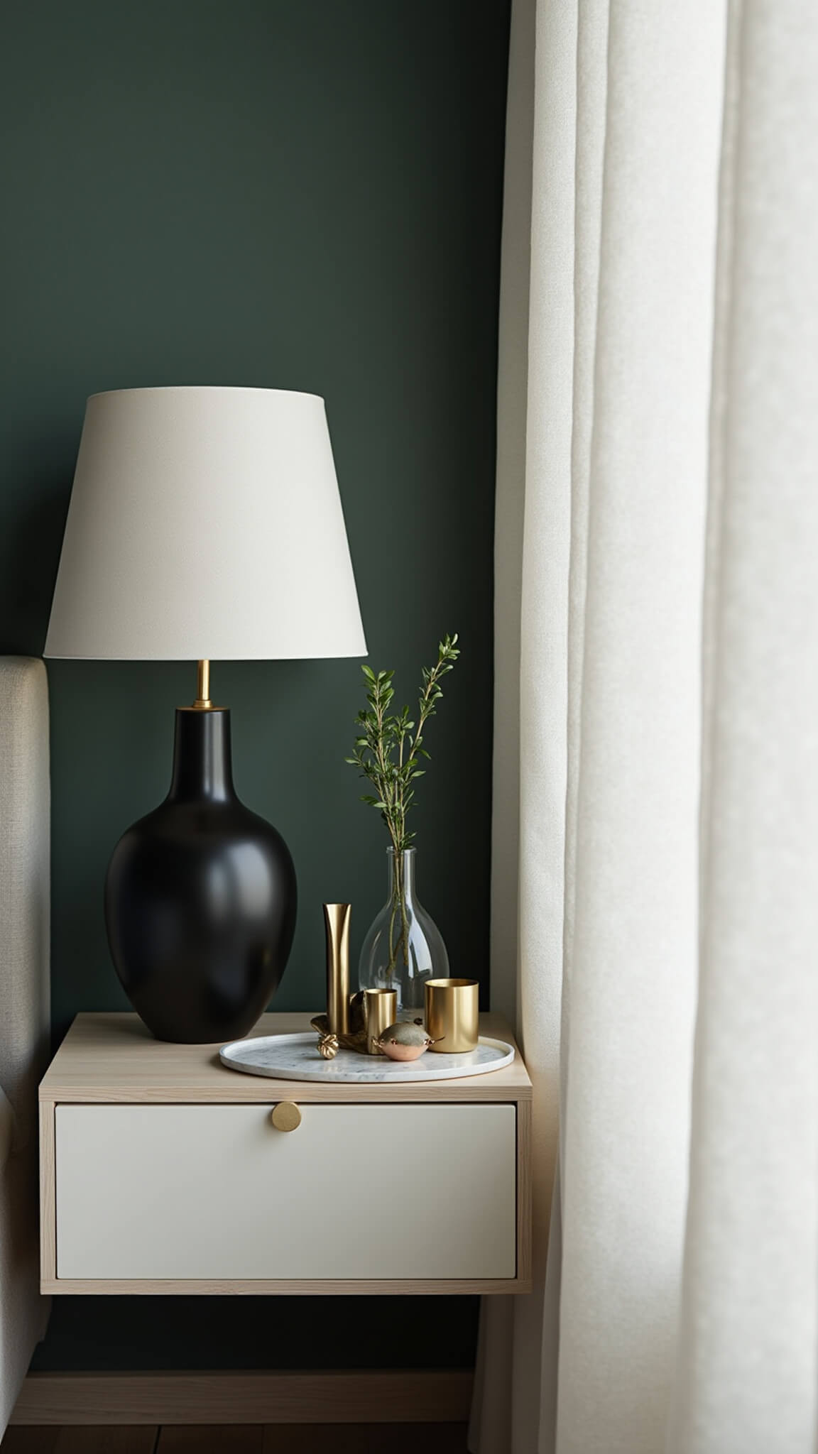 Minimalist bedroom vignette with dark sage green walls, white oak nightstand, black ceramic lamp, brass accents, marble tray, and single stem in glass vase, softly lit by natural light through linen curtains.
