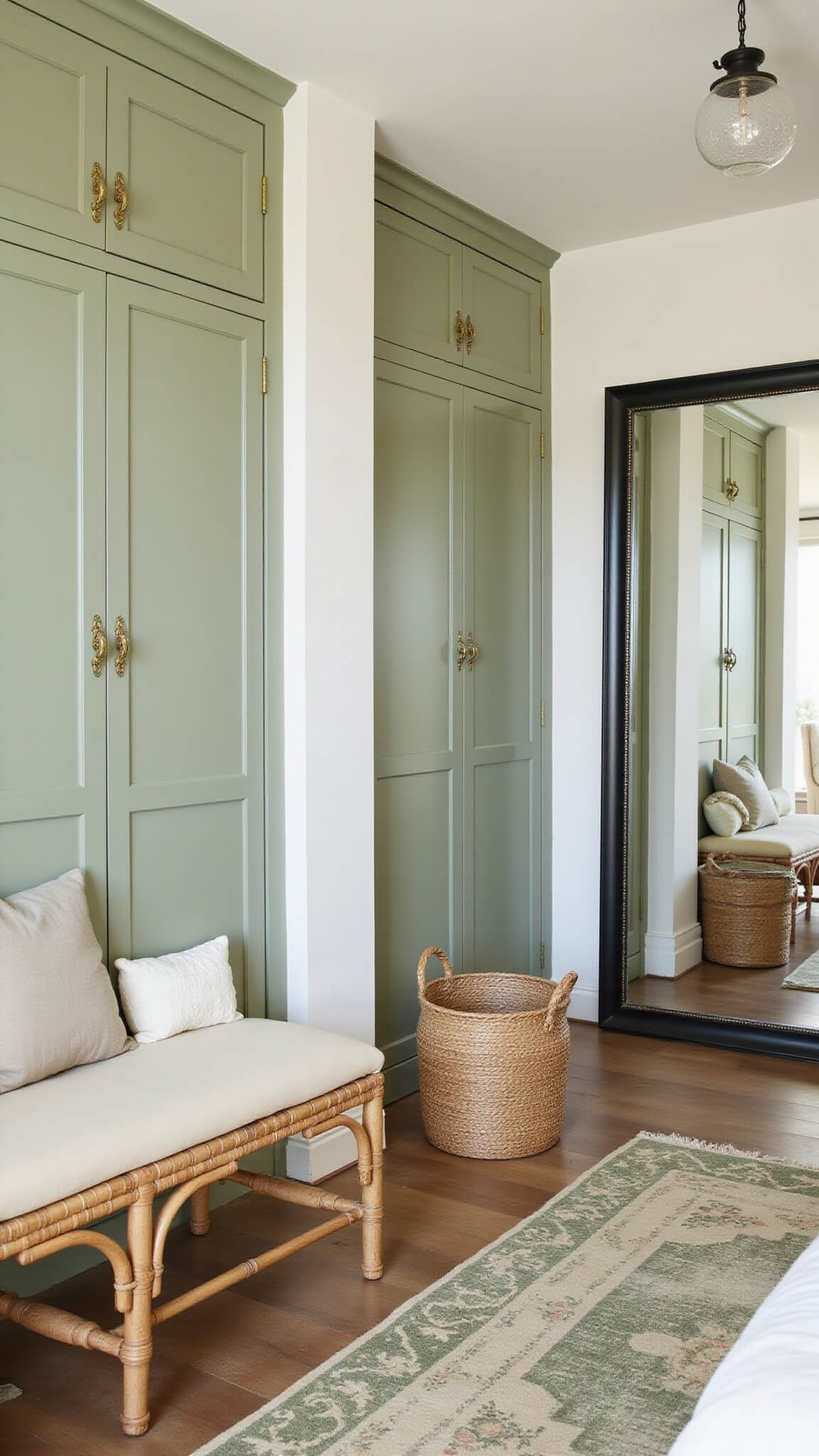 Sage green built-in wardrobe in dawn light, with brass hardware, full-length black-framed mirror, Moroccan rug, rattan bench, and glass pendant light.