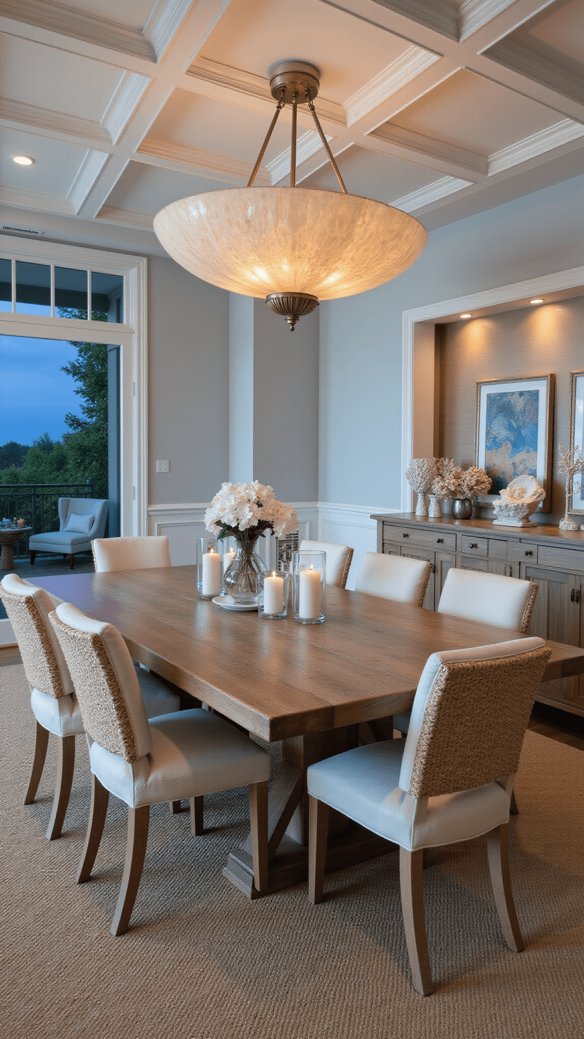 Twilight view of elegant formal dining room with coffered ceiling, teak table, capiz chandelier, and coastal decor in blue-grey tones.