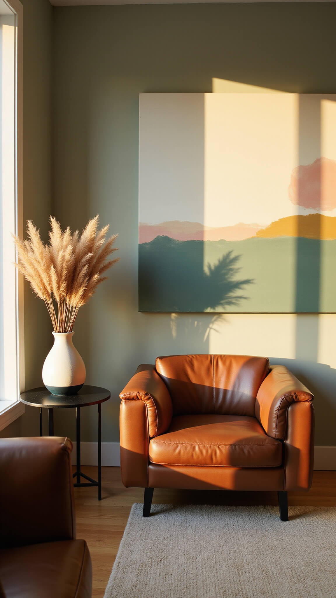 Cozy sunset-lit bedroom seating area with two cognac leather chairs, sage walls, abstract art, pampas grass on a black side table, and dramatic shadows on a cream rug.