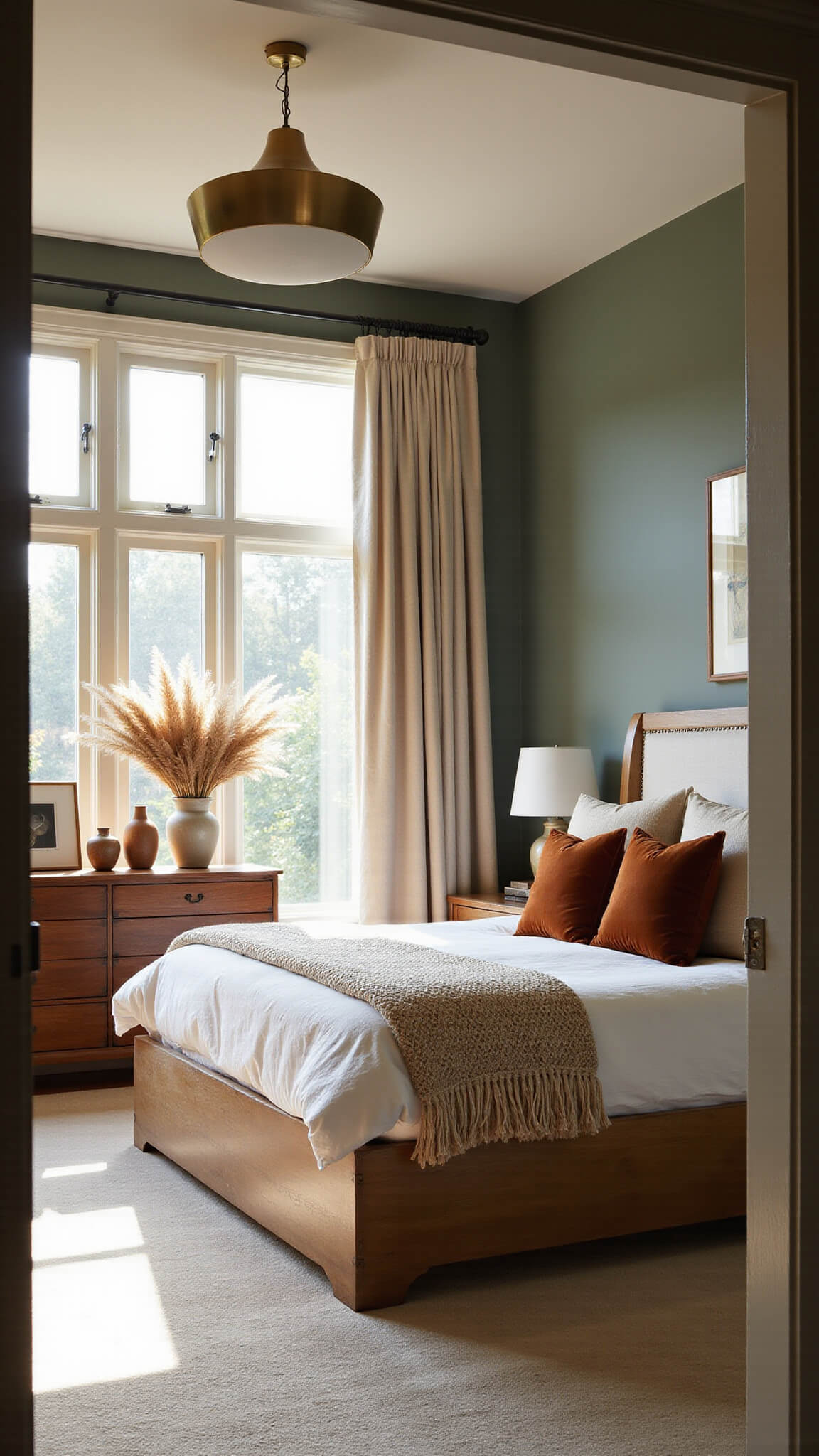 Spacious 14x16ft bedroom with dark sage green walls, weathered oak platform bed with tall cream headboard, layered neutral bedding, brass pendant light, and vintage walnut dresser with ceramic vases and pampas grass, bathed in morning golden light.