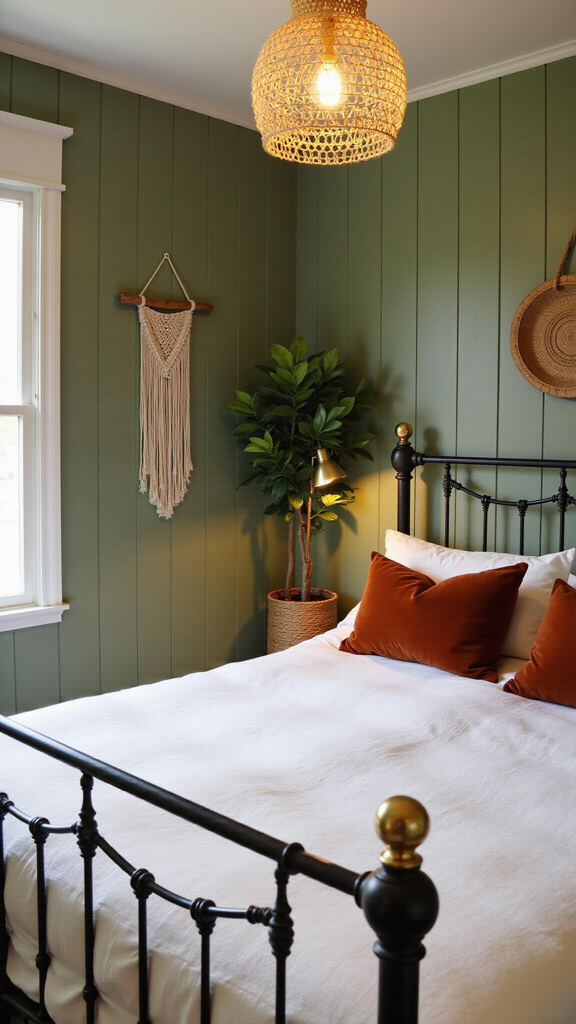 Cozy bohemian bedroom corner with sage green accent wall, black metal bed with white linens and terra cotta pillows, rattan pendant light casting shadows, macramé wall hanging, snake plant, and vintage brass floor lamp.