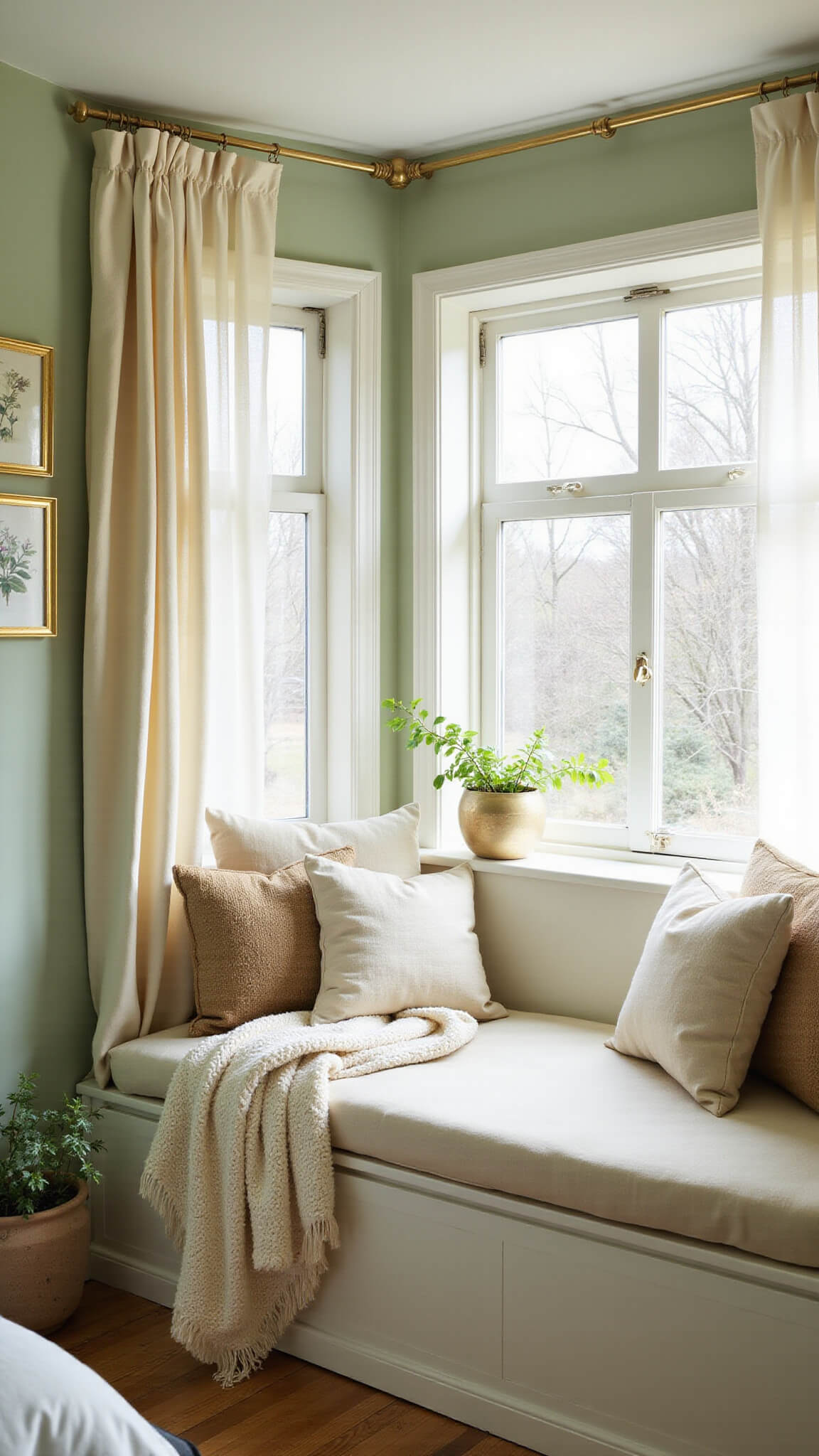 Sunlit bay window nook in sage green bedroom with built-in seating, cream cushions, earth-toned pillows, sheer curtains, vintage botanical prints, and trailing pothos plant.