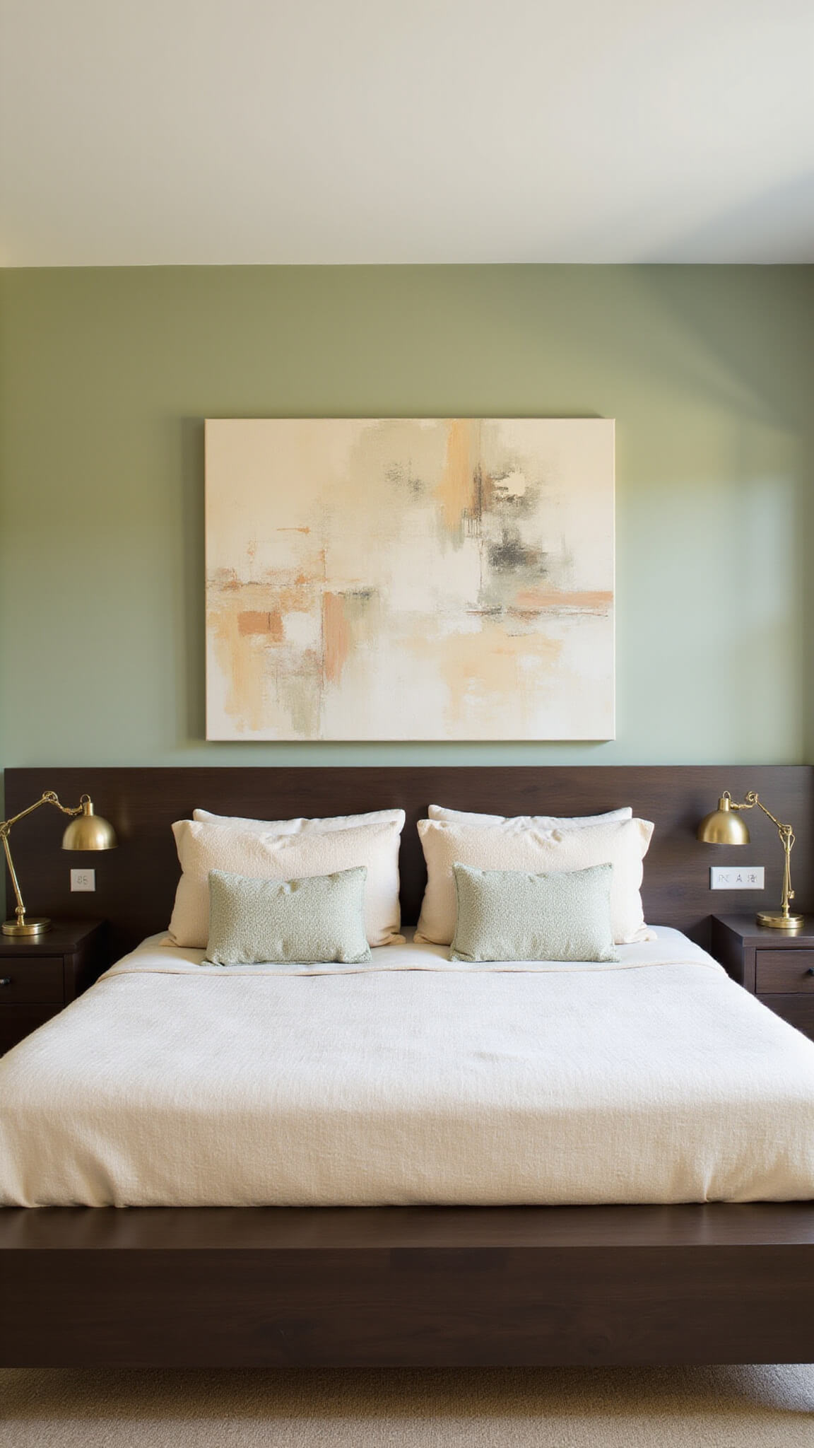 Modern minimalist bedroom with sage green accent wall, espresso platform bed, floating nightstands, brass task lamps, cream and beige bedding, and abstract earth-toned artwork, lit by golden hour lighting.