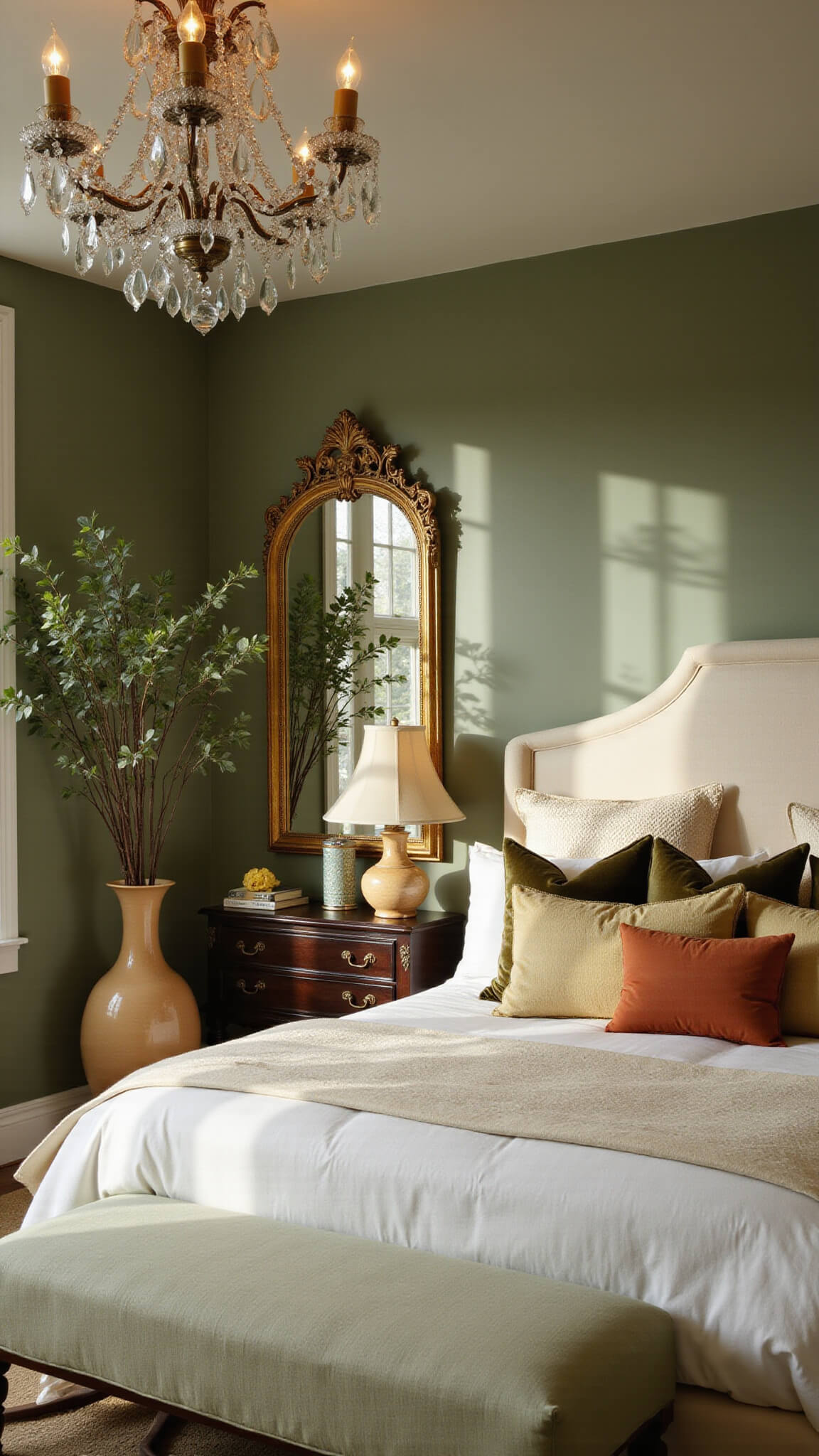 Luxurious master bedroom with sage green walls, crystal chandelier, upholstered cream bed, layered velvet and silk pillows, antique gold mirror, and eucalyptus in ceramic vase.