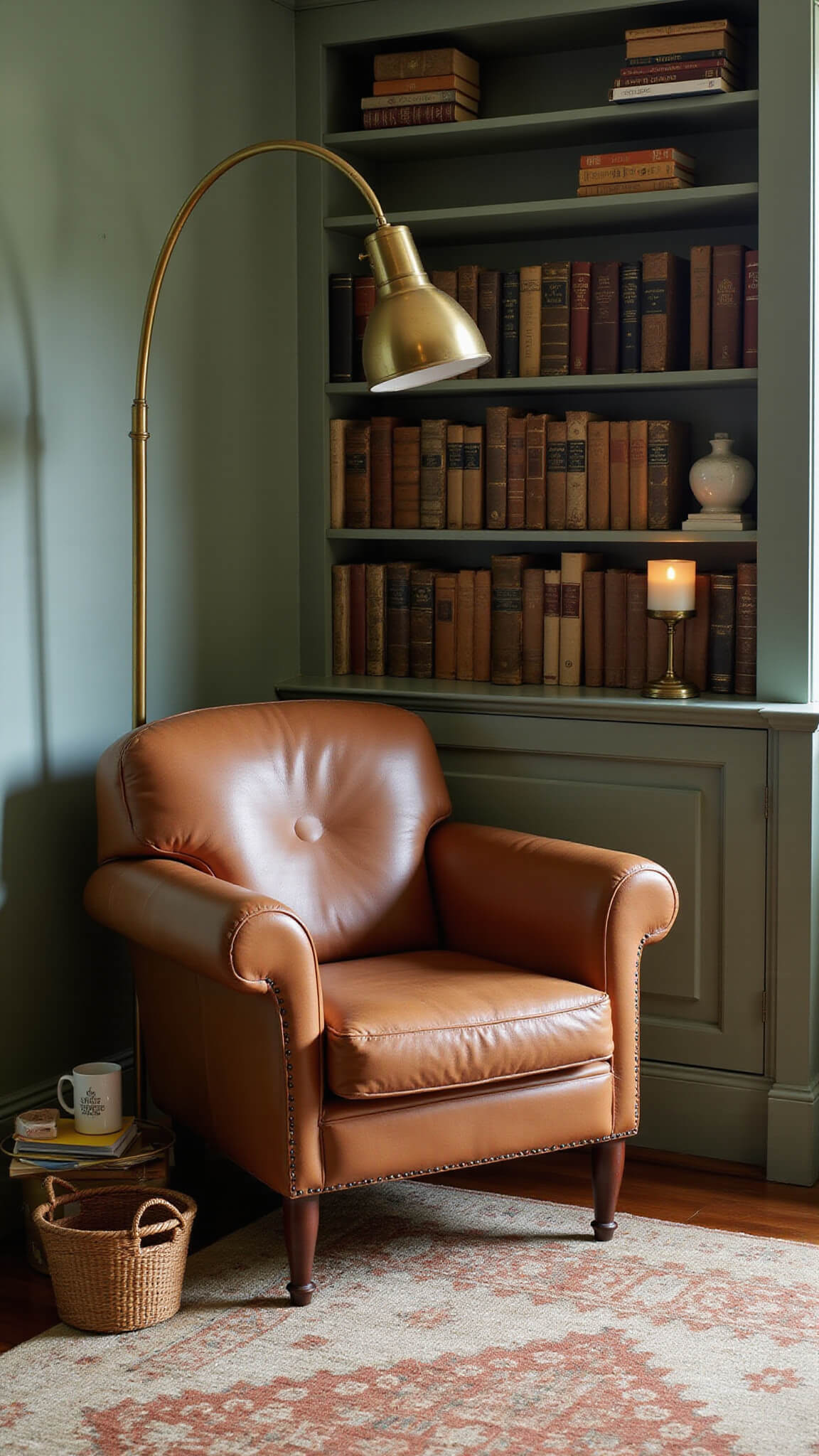 Cozy sage green reading nook with leather armchair, built-in bookshelves, brass lamp, and vintage decor at twilight.