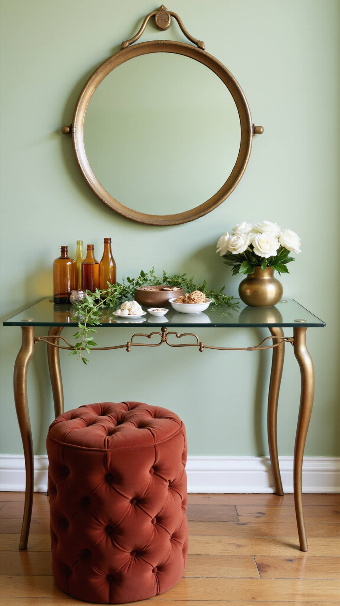 Elegant bedroom vanity with brass mirror, vintage glass-top table, terracotta velvet stool, amber perfume bottles, ceramic jewelry dishes, ivy plant, and white roses in brass vase against sage green wall.