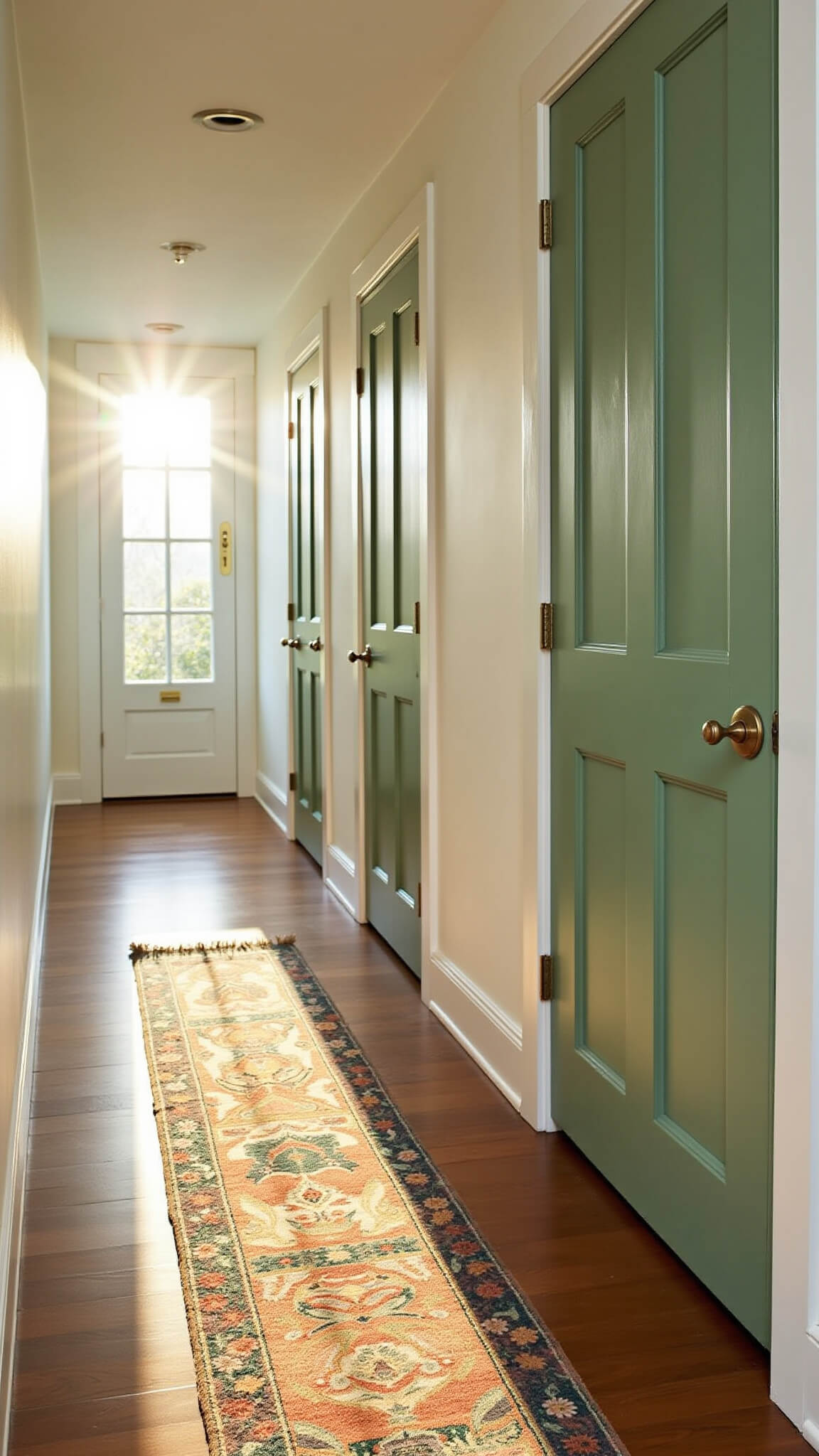 Low-angle view of a sunlit 14-foot hallway with sage green doors, white walls, vintage runner, and warm hardwood floors during golden hour.