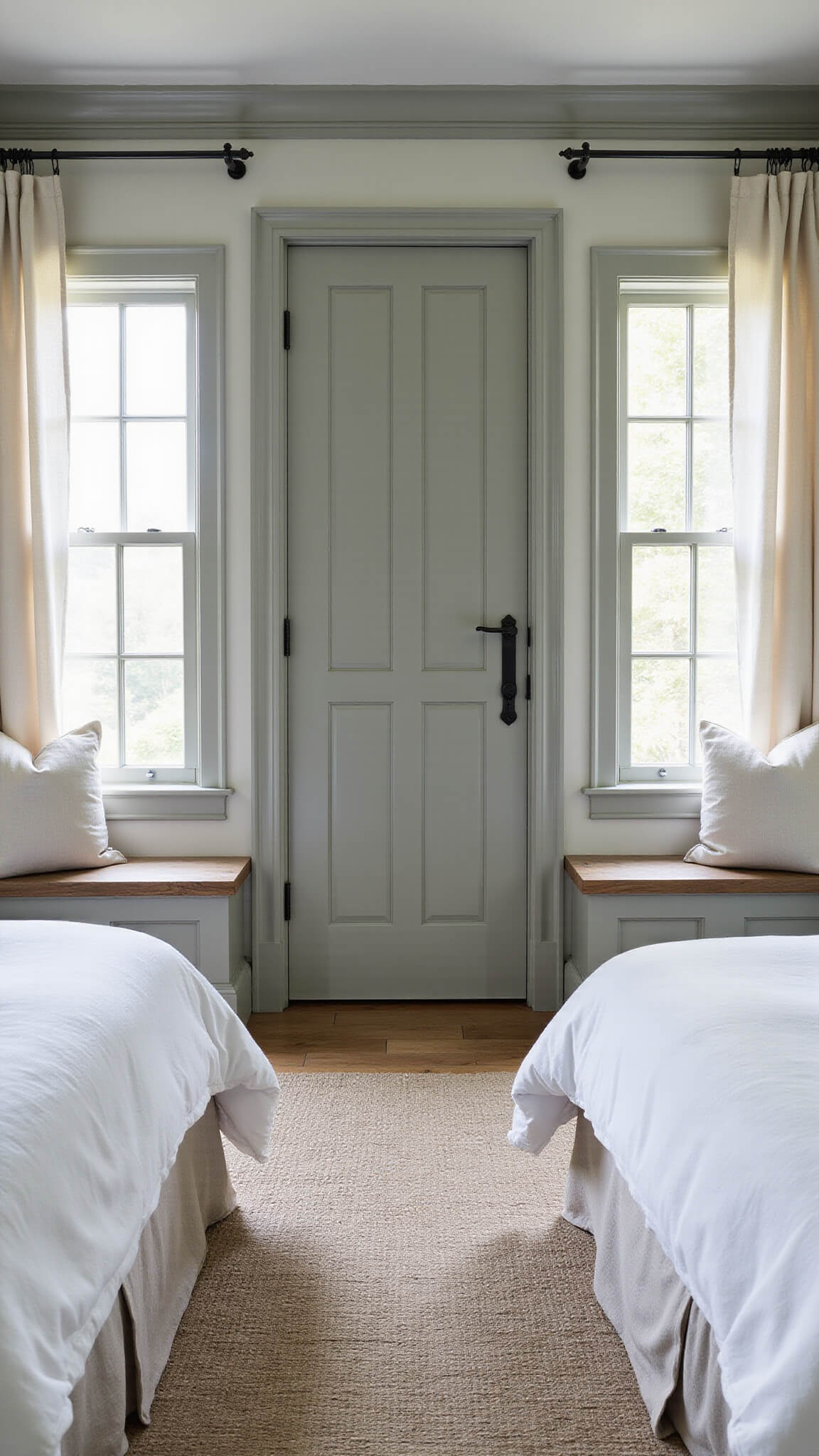 Modern farmhouse bedroom with sage green door centered between built-in window seats, pale gray walls, and morning light casting shadows on natural textures.