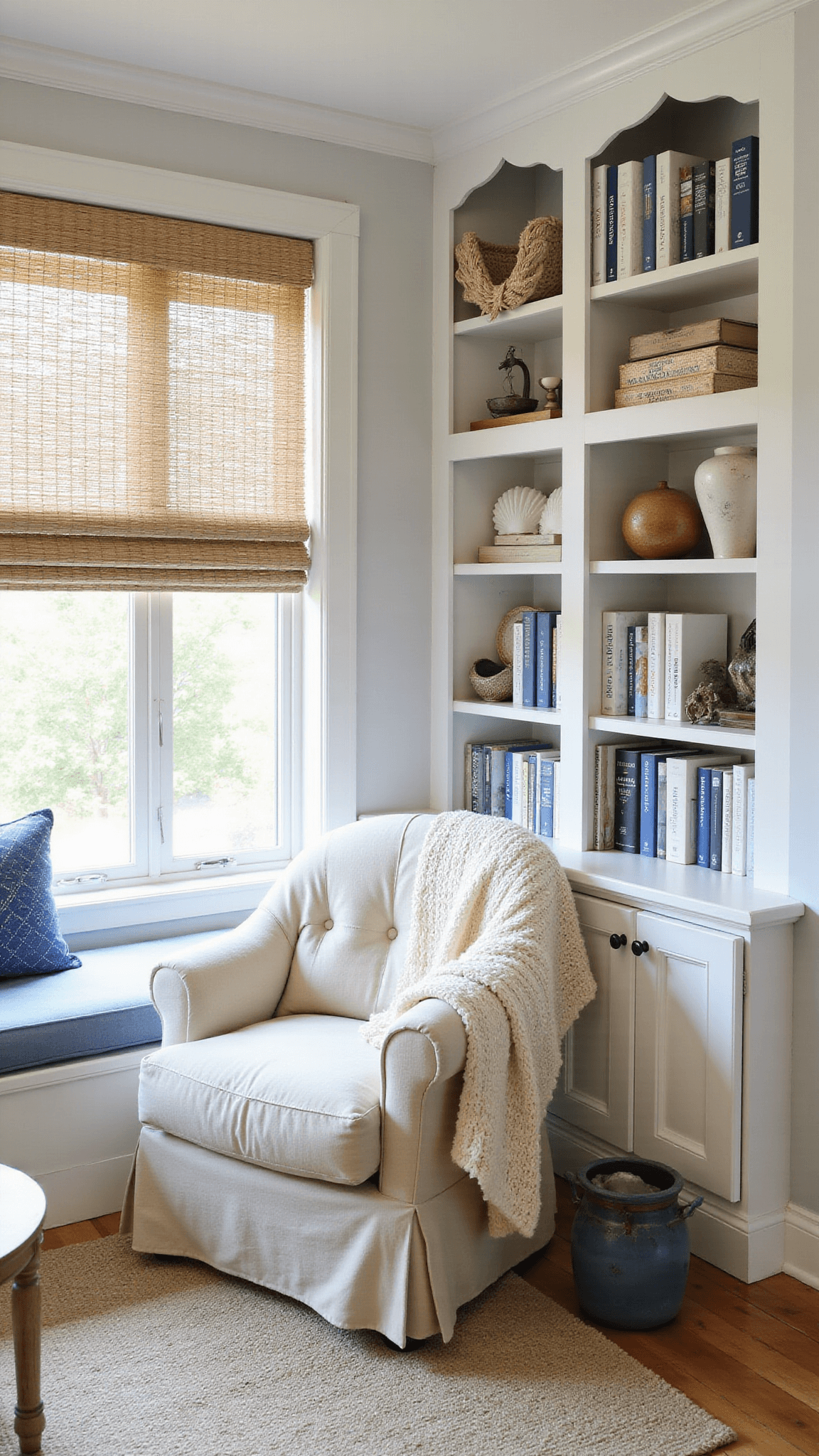Cozy coastal reading nook with oversized linen chair, built-in window seat, white bookshelf, and natural light filtering through woven blinds.