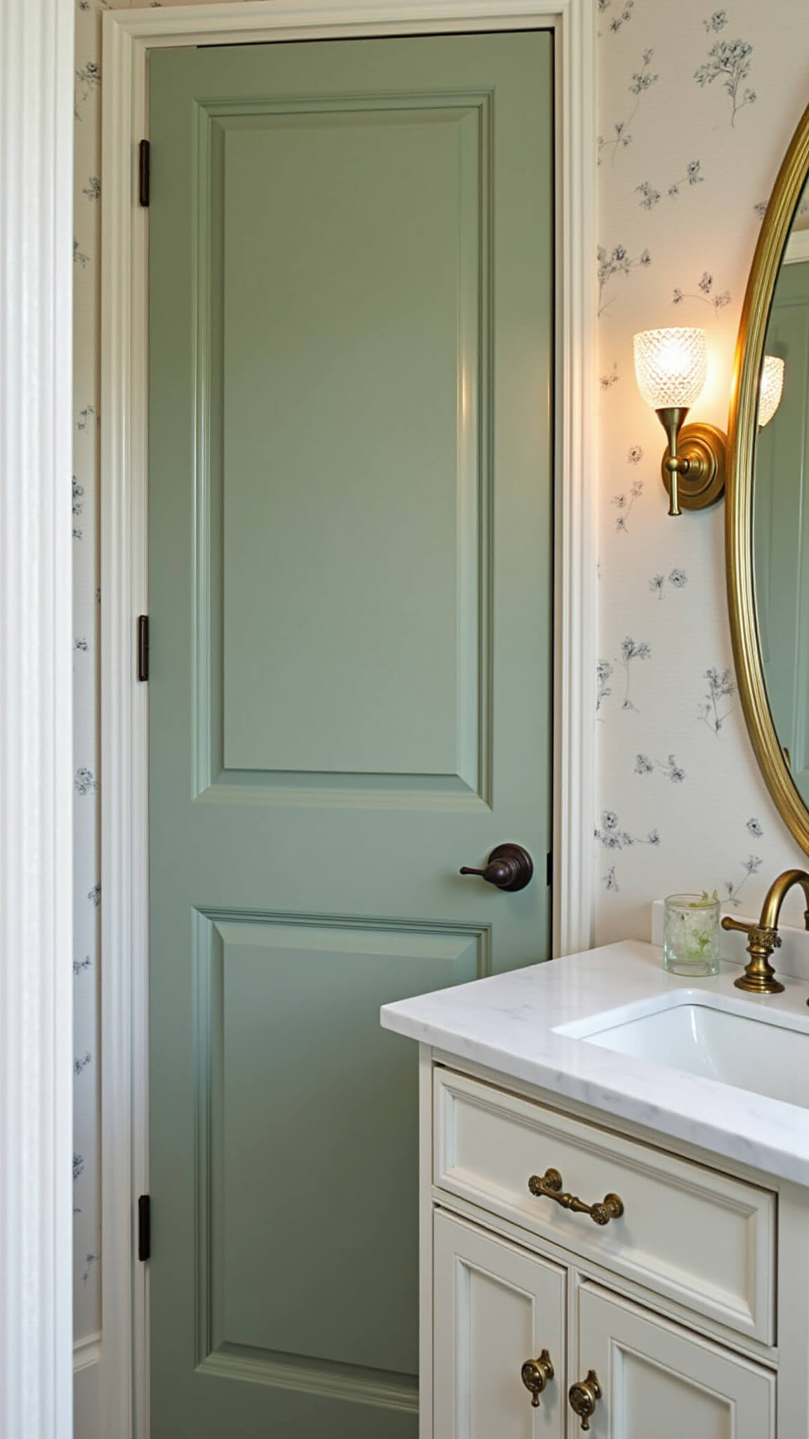 Intimate 6x8 powder room with sage green pocket door, cream and gray botanical wallpaper, white marble vanity, unlacquered brass faucet, crystal sconces, and vintage mirror in soft natural and artificial light.