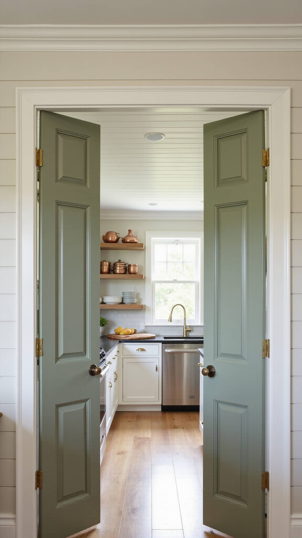 View through open sage green double doors into a butler's pantry with white shiplap walls, black granite counters, open shelving with pottery, and warm copper accents illuminated by natural and under-cabinet light.
