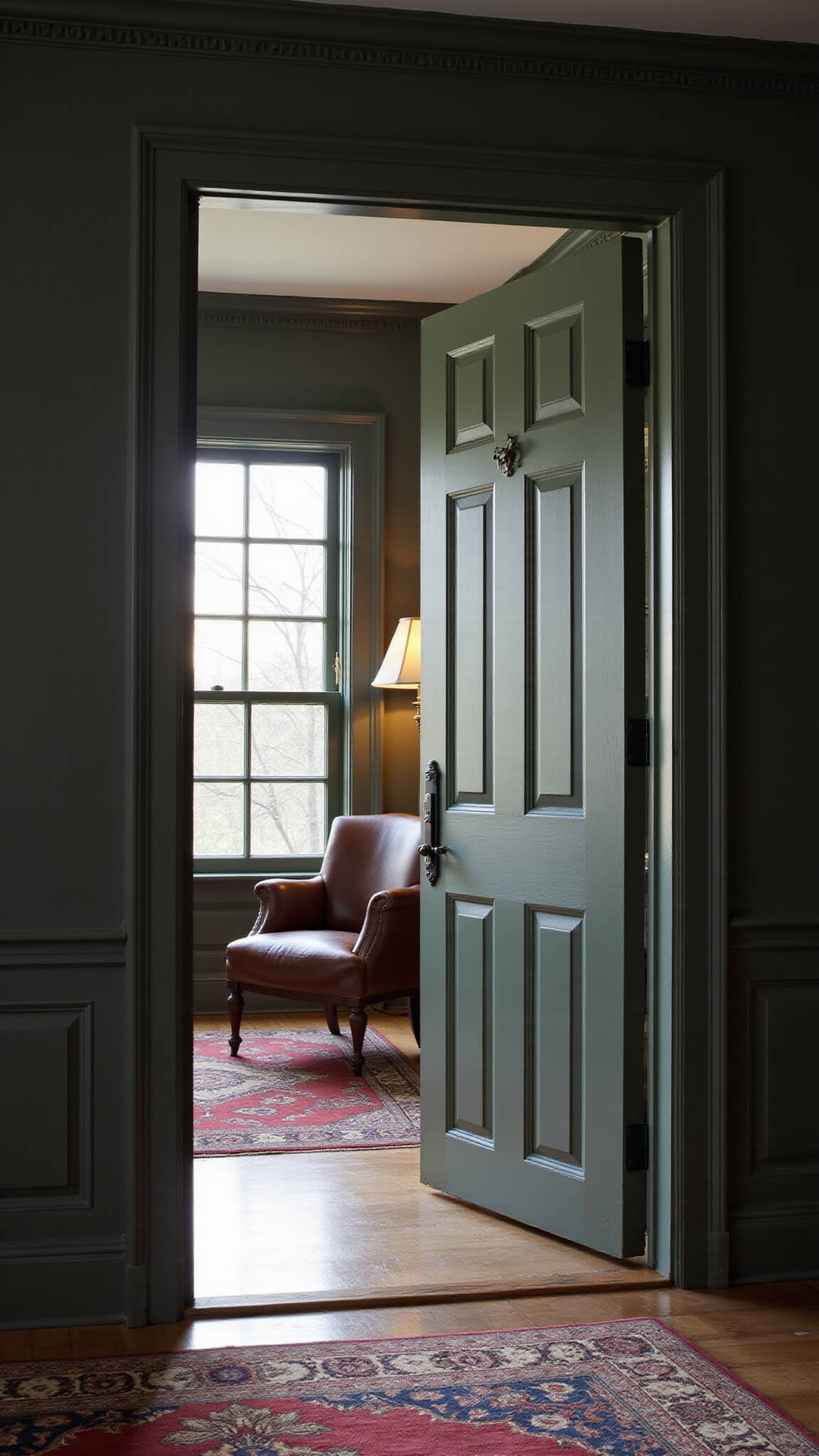 Sage green paneled door with matte black handle against dark charcoal walls, partially open to reveal leather armchair, vintage Persian rug, and brass floor lamp in a moody home office with a library-like ambiance.