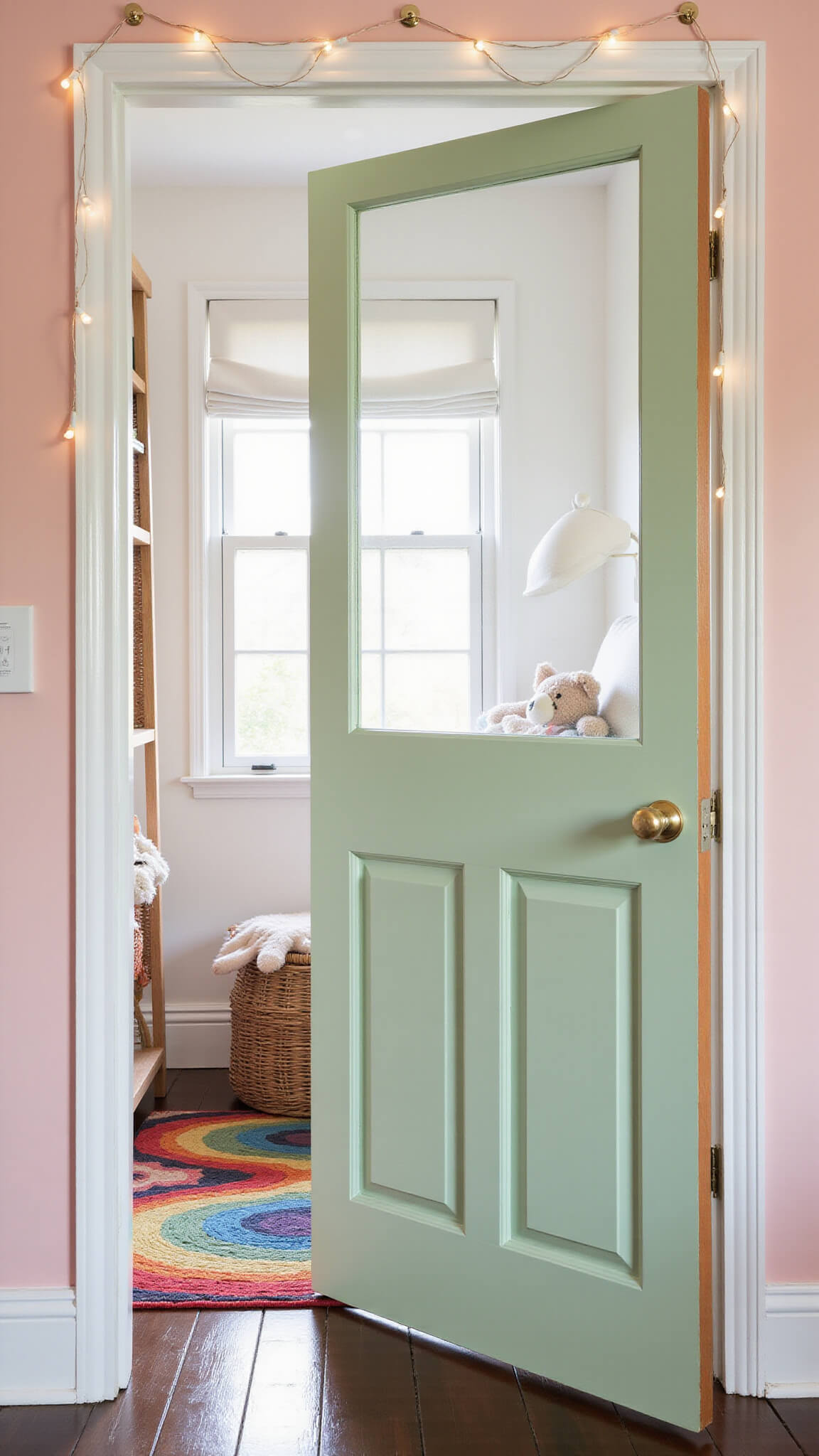 Playful sage green door with white knob framed by fairy lights in blush pink children's bedroom, rattan bookshelf and rainbow rug visible inside.