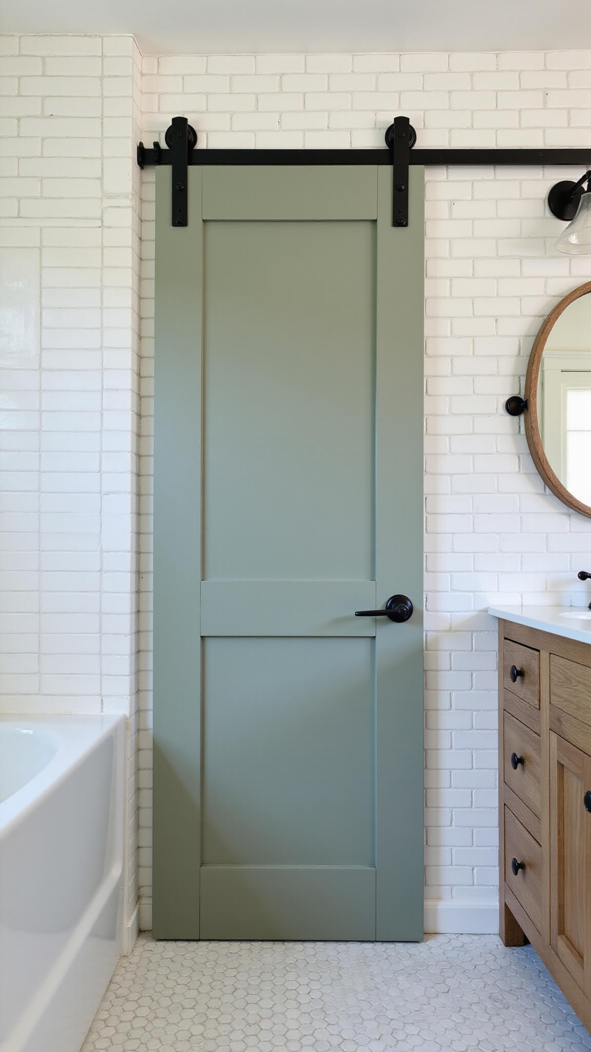 Sage green barn door with black hardware sliding over white subway tile wall in bathroom with marble hex floor, matte black fixtures, vintage glass pendants, and white oak vanity.