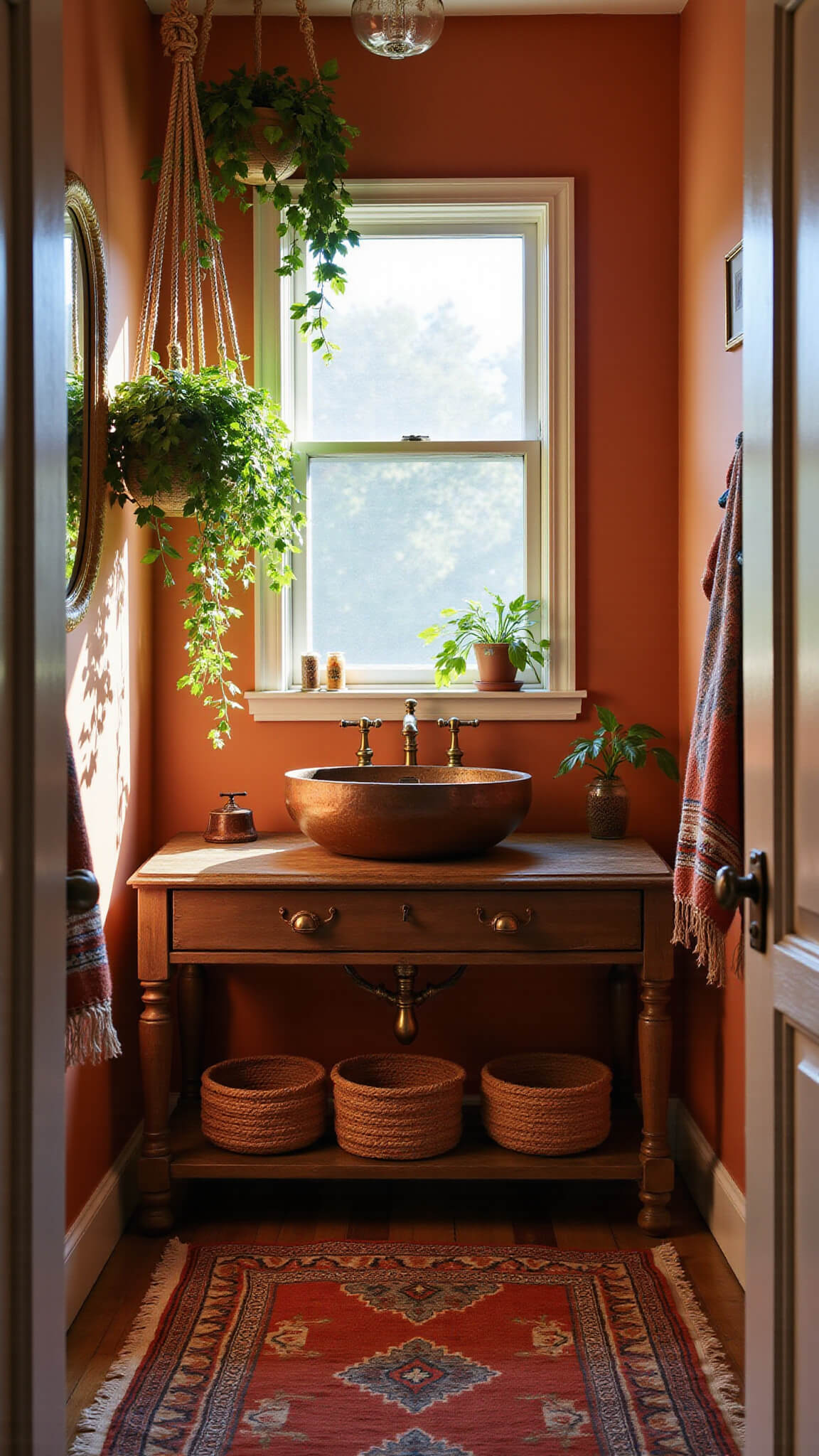 Bohemian-style bathroom with terracotta walls, vintage wooden vanity, copper sink, brass fixtures, macramé plant hangers, kilim bathmat, rattan mirror, and soft afternoon light.