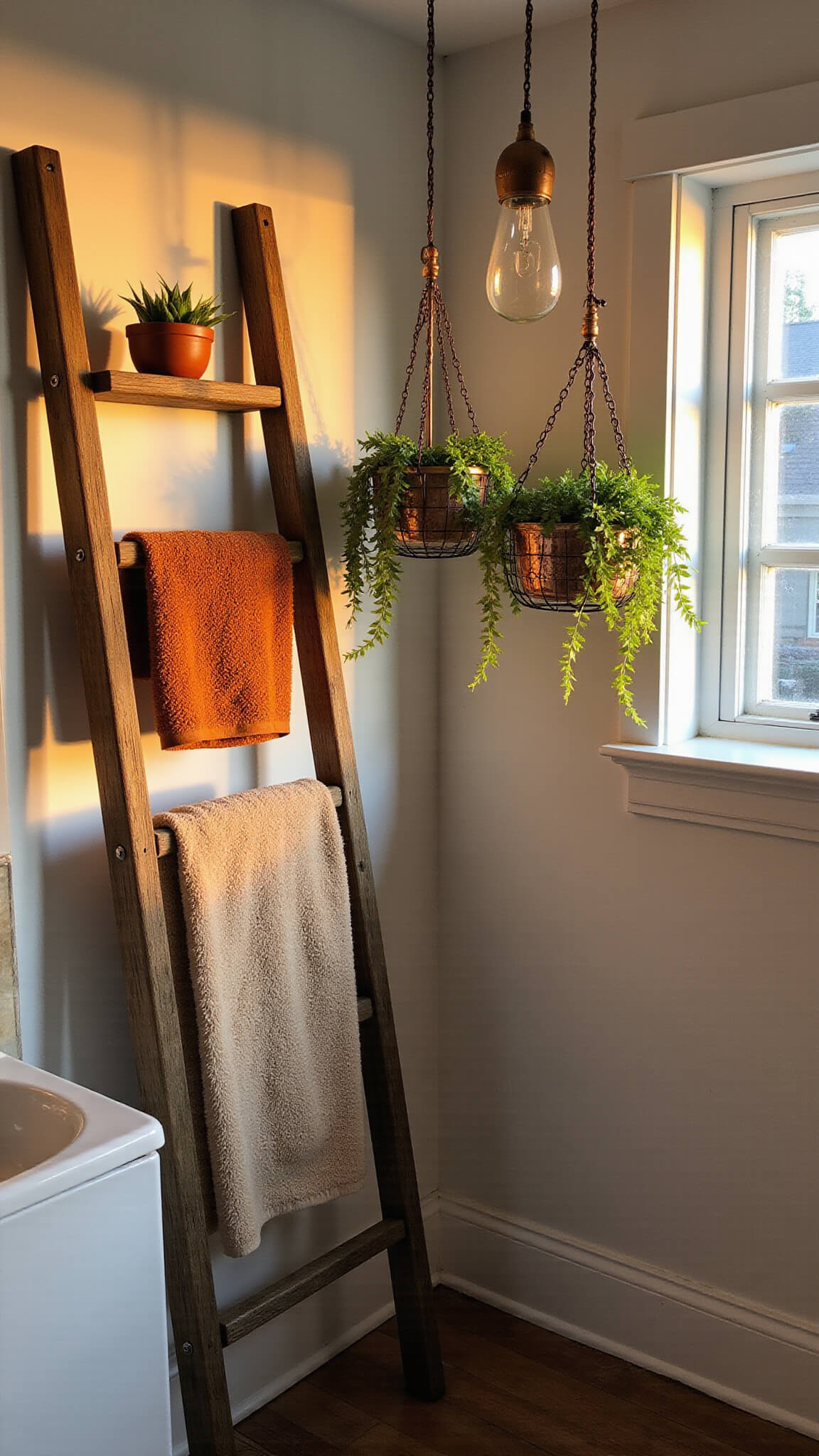 Boho bathroom corner at golden hour with wooden ladder shelf, textured towels, hanging ferns in copper planters, vintage glass pendant light, and contrasting natural materials.