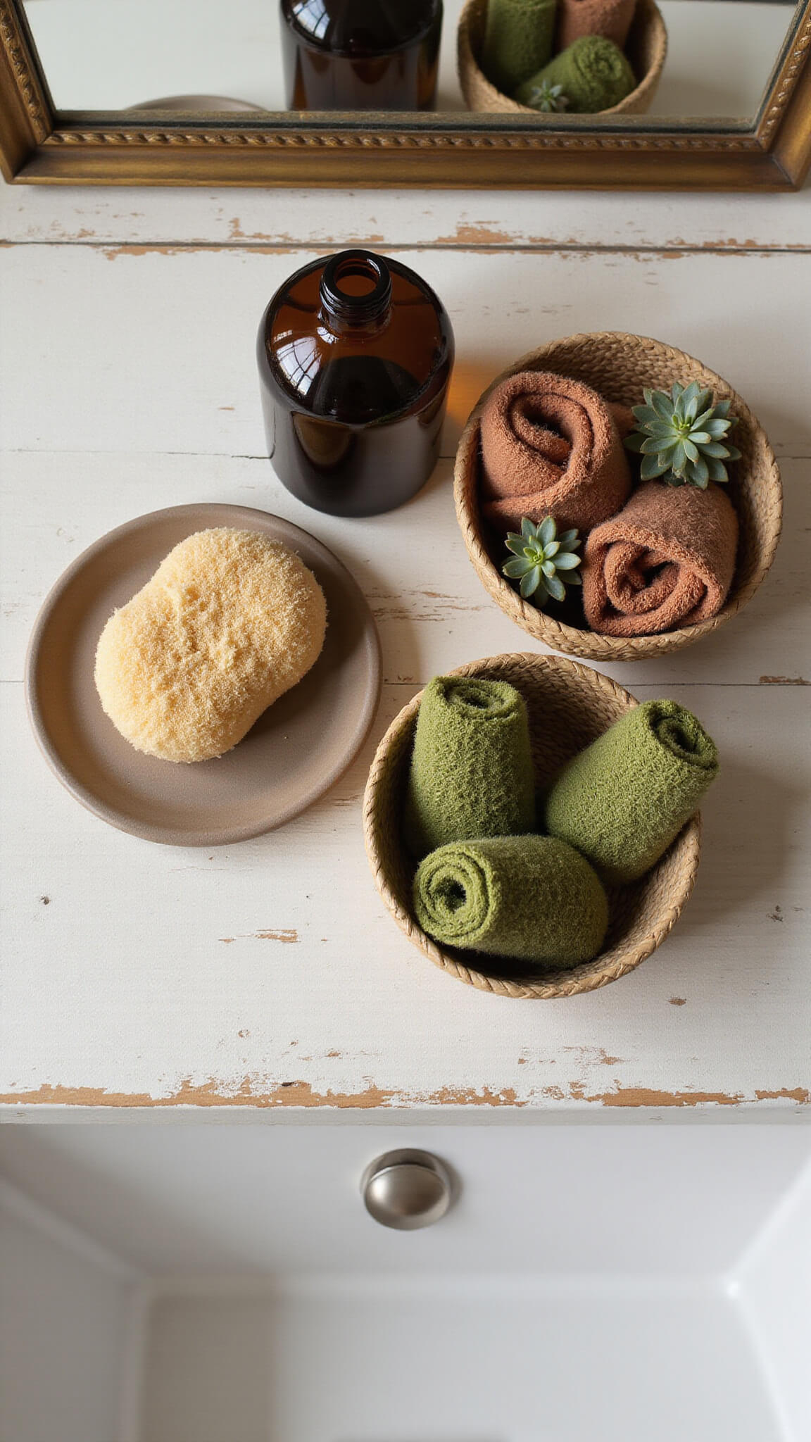 Overhead view of rustic bathroom essentials on wooden surface with ceramic soap dish, amber bottles, air plants, rolled washcloths, and partial brass mirror in soft morning light.
