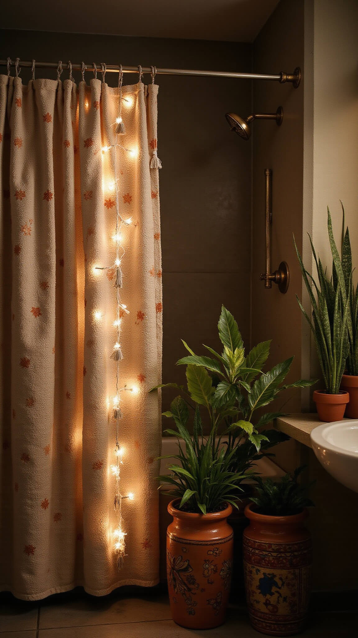 Cream shower curtain with rust geometric patterns and tassels in moody bathroom, warm lighting, string light reflections on brass fixtures, terracotta pots with plants.